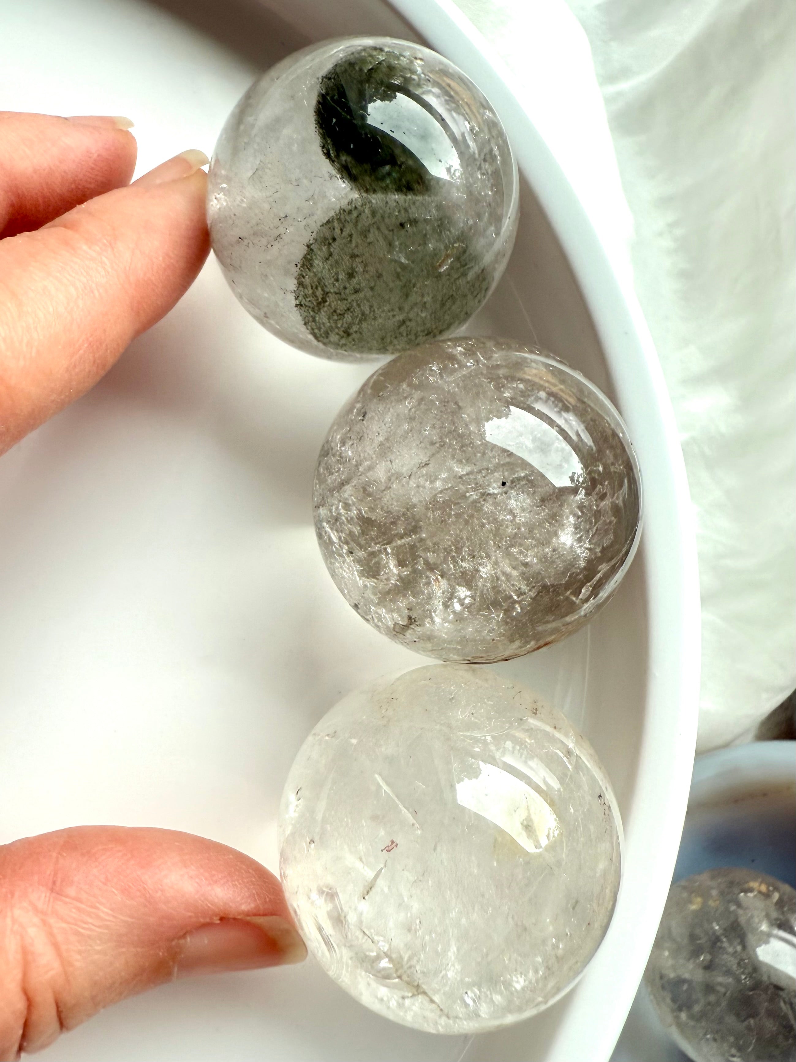 garden quartz spheres – lodolite crystal spheres with mineral inclusions for grounding + meditation