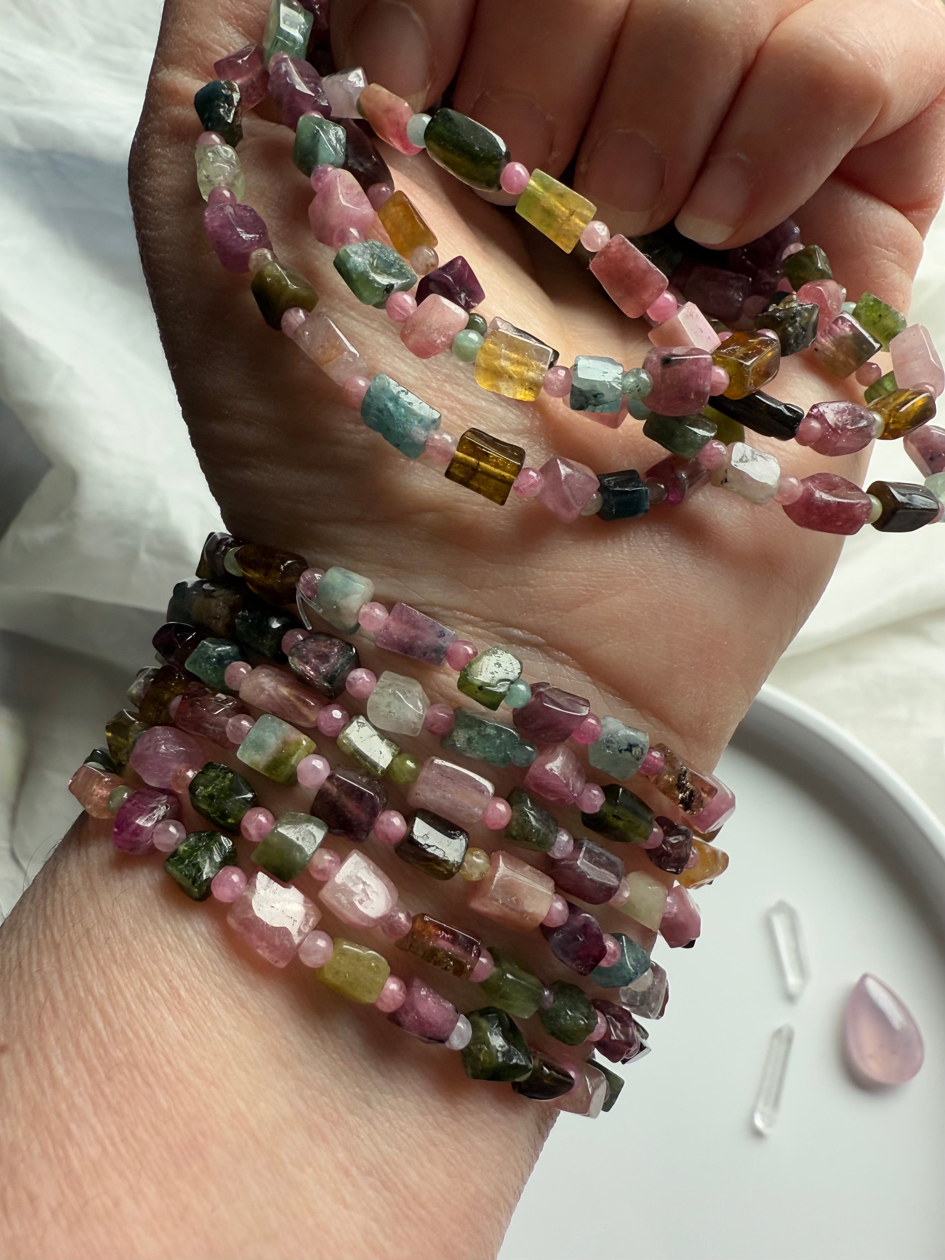 Wear a Multicolor Tourmaline Bracelet for heart chakra activation, inspiration, and compassion