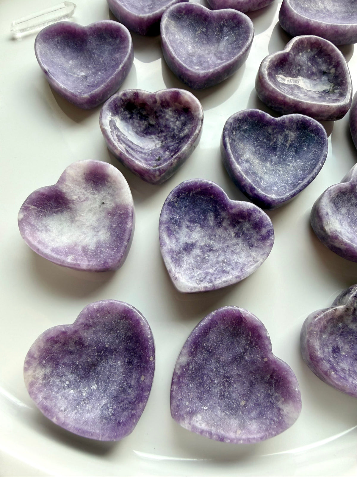 Mini Lepidolite heart bowls with lavender and deep purple tones, natural mottled patterns and subtle mica shimmer