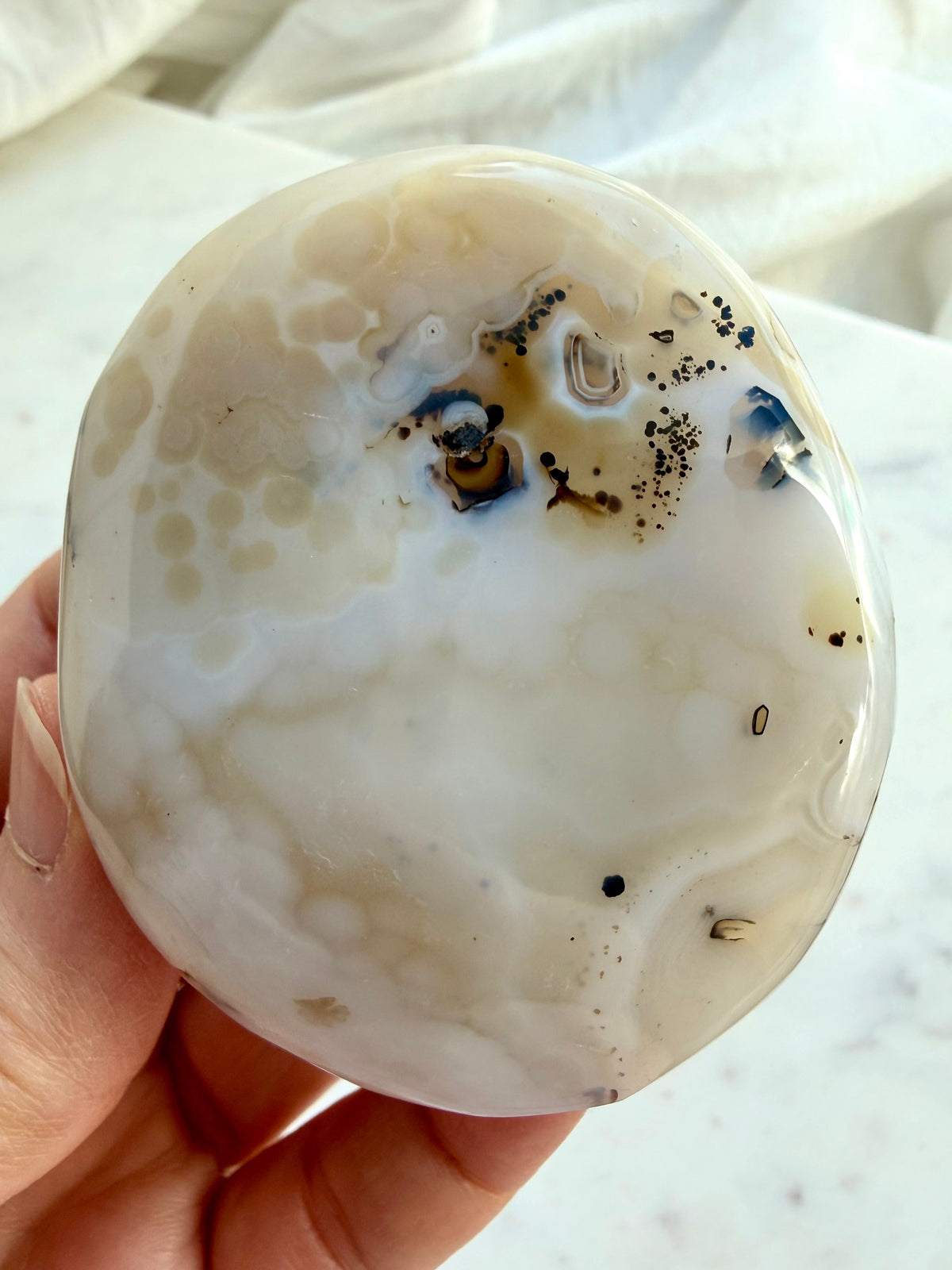Polished Dendritic Agate freeform showing subtle orbicular formations, creamy Agate and dark branching inclusions