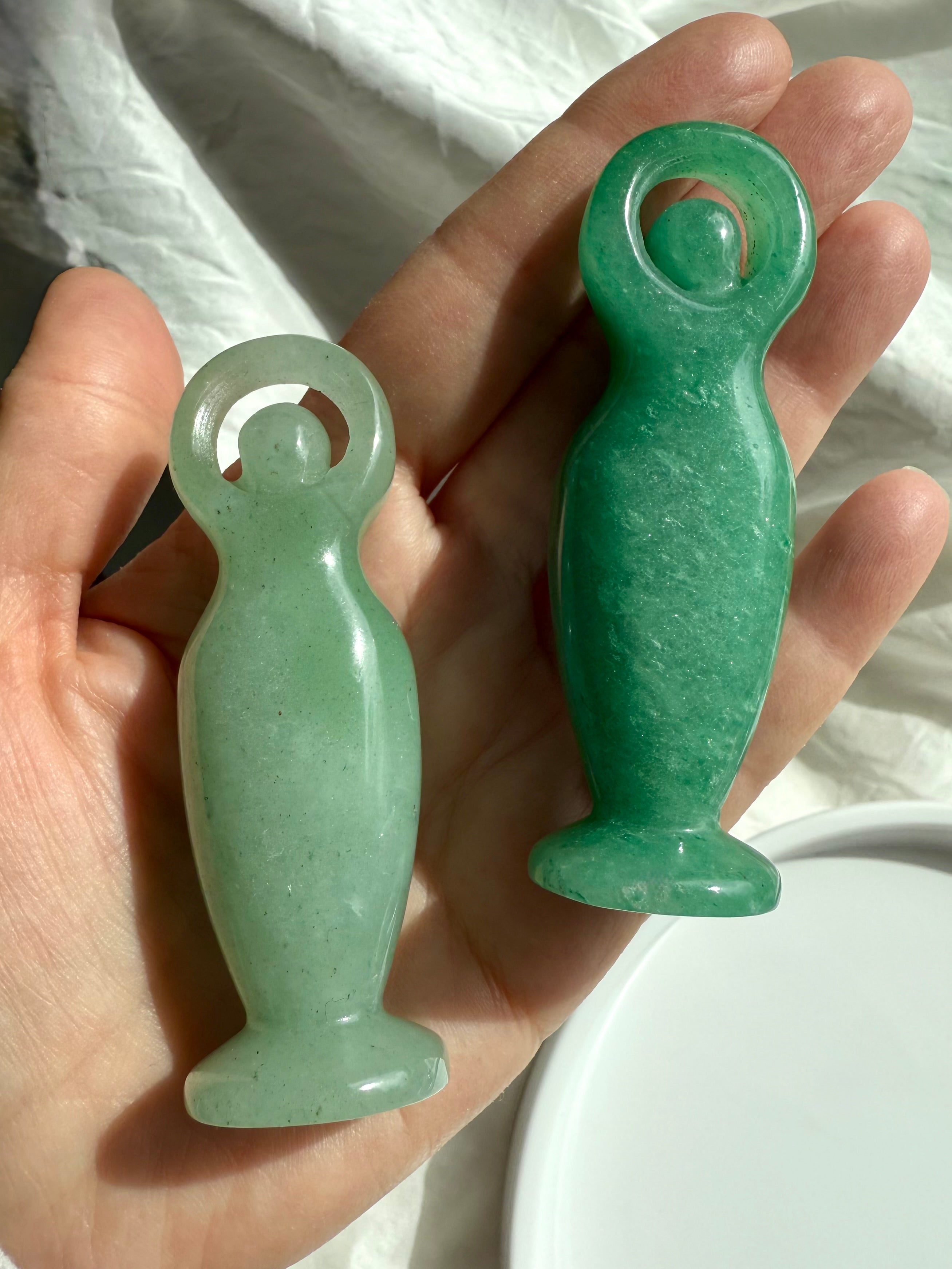Green Aventurine Crystal Goddess Figurines shown on my hand for scale, pick your favorite