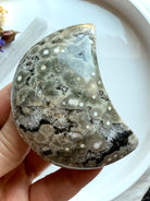 Polished Ocean Jasper moon carving with striking concentric circles and natural druzy cluster on white background