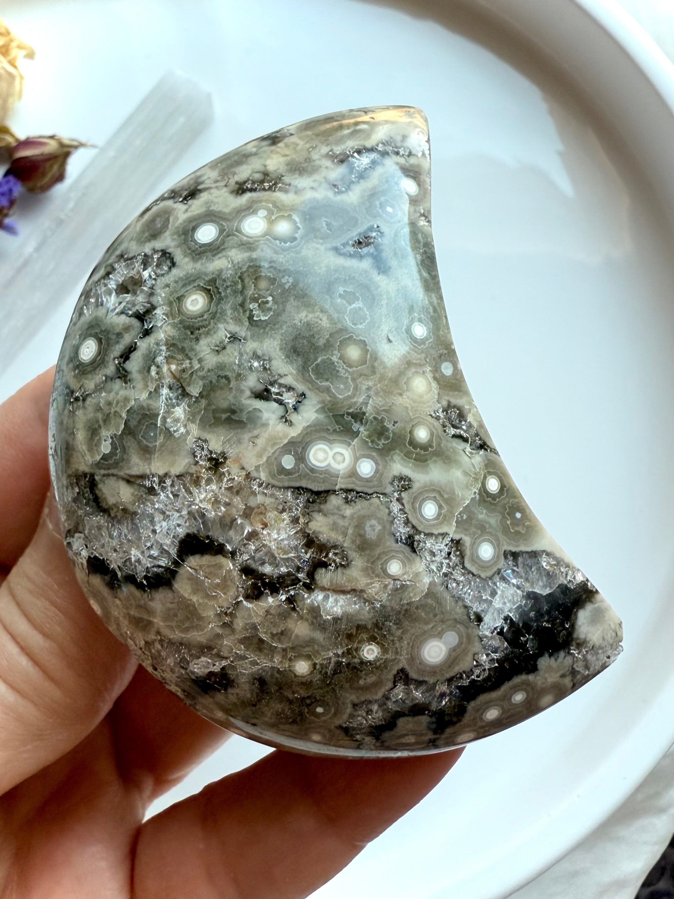 Polished Ocean Jasper moon carving with striking concentric circles and natural druzy cluster on white background