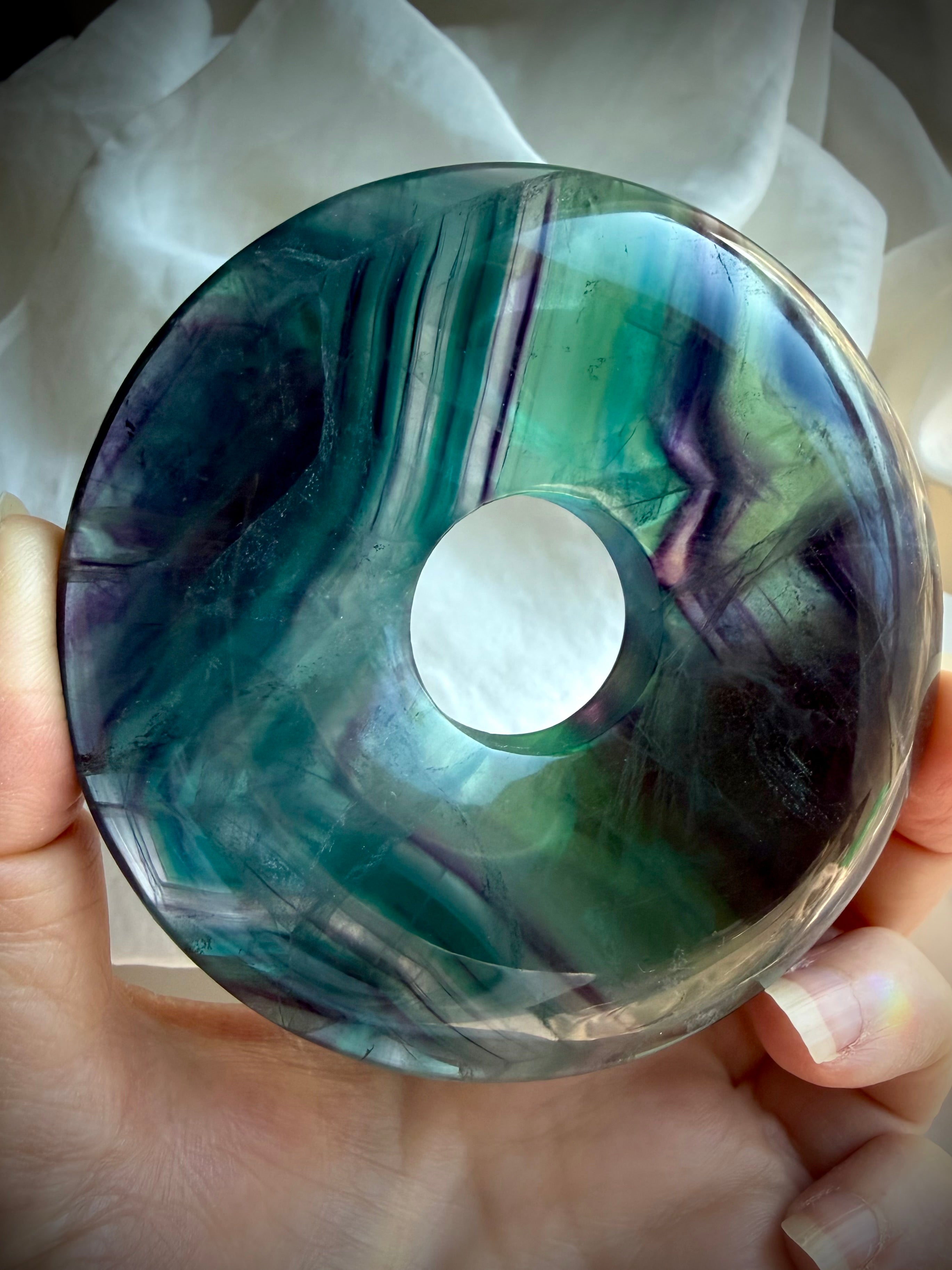 Fluorite donut display piece on stand altar crystal home decor