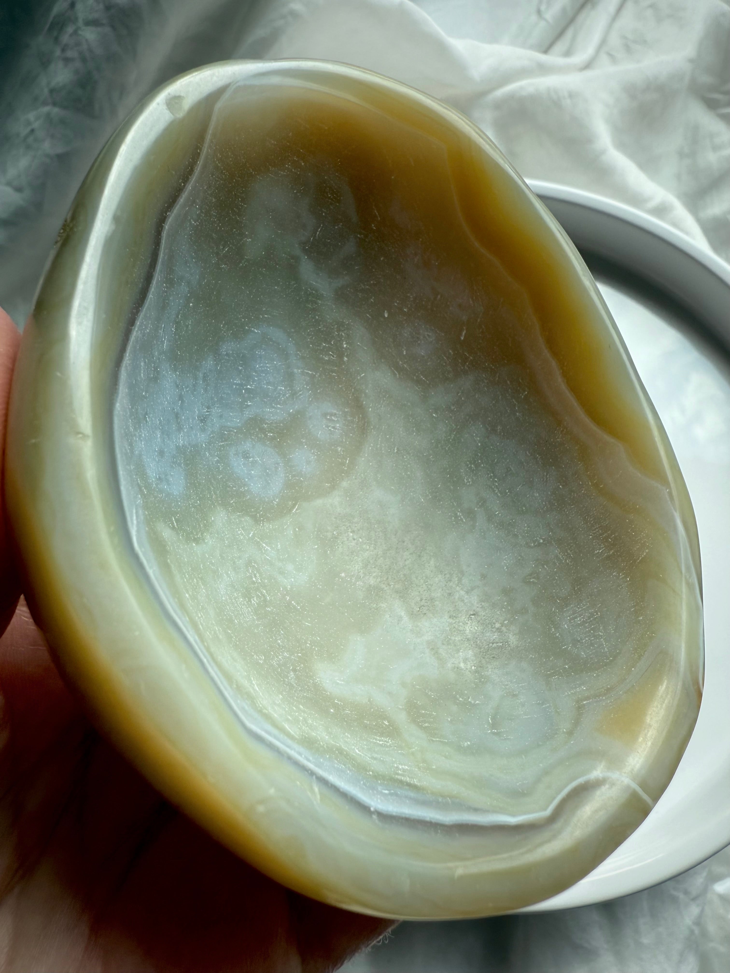 Beige Agate polished crystal dish closeup – unique gemstone bowl for sacred space energy work
