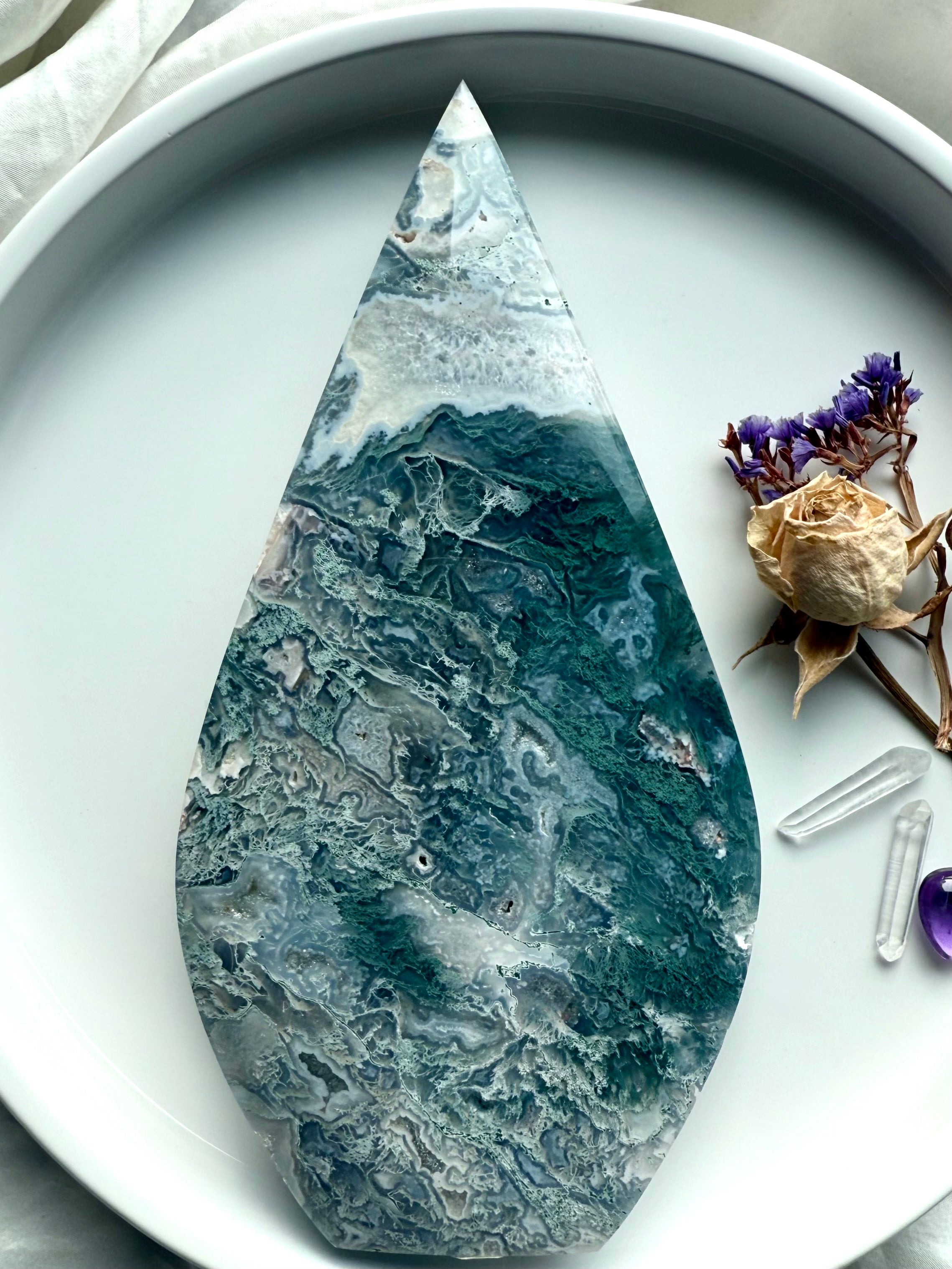 One of a kind moss agate flame crystal with icy teal tones, moss patterns and sparkling quartz druzy