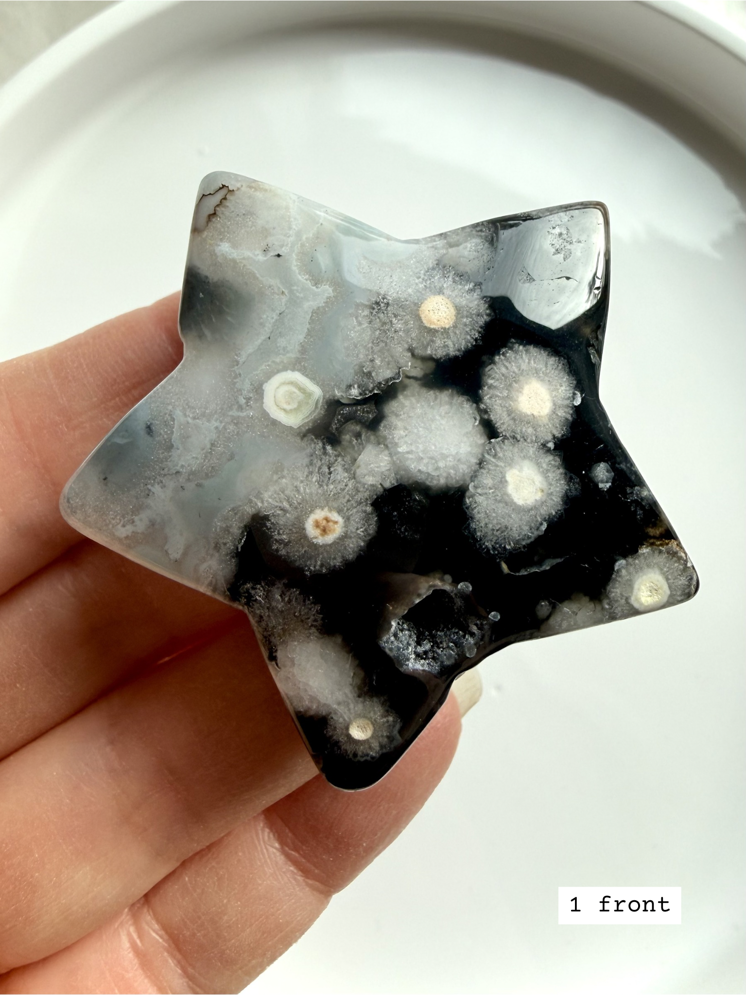 black flower agate star carving #1 front showing white floral plume patterns and polished finish
