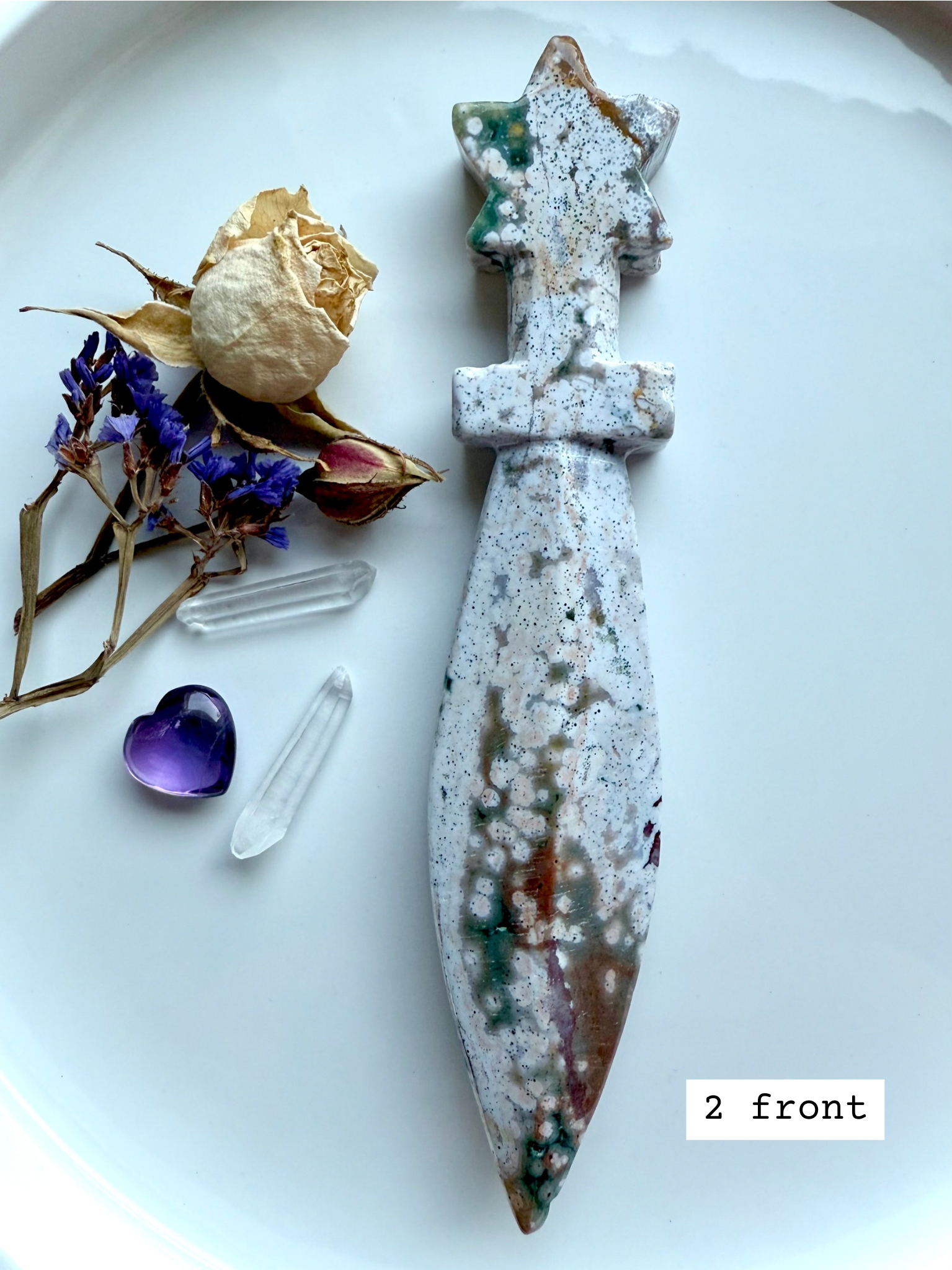 Ocean Jasper star knife # 2 front – crystal athame with celestial star handle and smooth jasper blade, unique mineral pattern