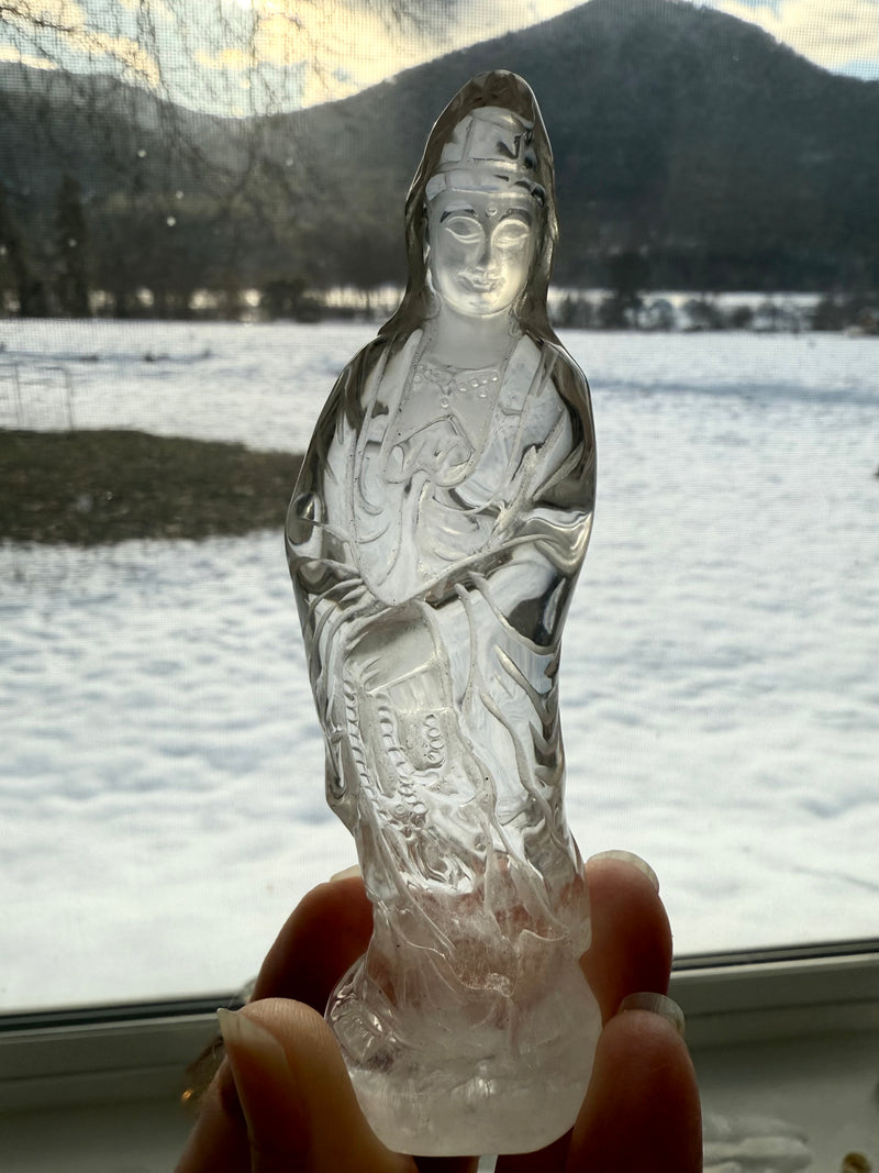 Quan Yin is the Goddess of Compassion made from Clear quartz, the master healer of the crystal world