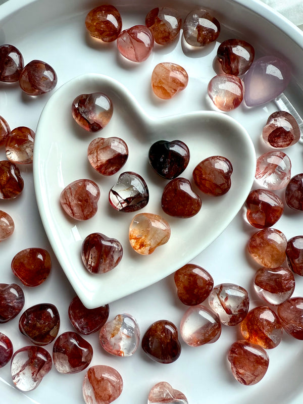 Gemmy, high quality Mini Fire Quartz Crystal Hearts shown in a white heart bowl