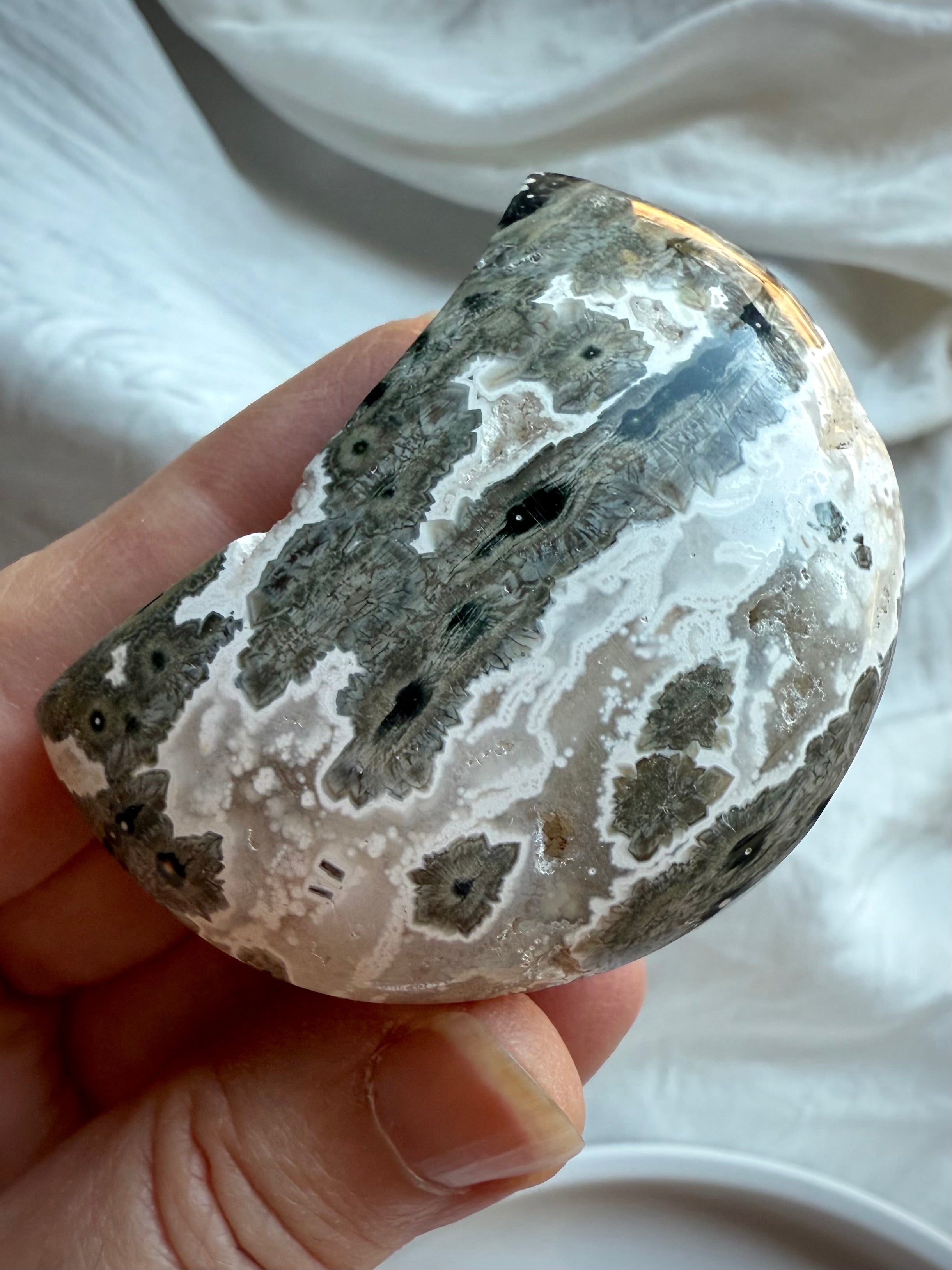 Gray Ocean Jasper Crescent Moon with dramatic black orbicular patterns and natural druzy detail, healing palm stone for grounding and inner strength