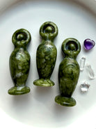 green nephrite jade goddess carvings, crystal figurines for protection grounding and sacred feminine energy
