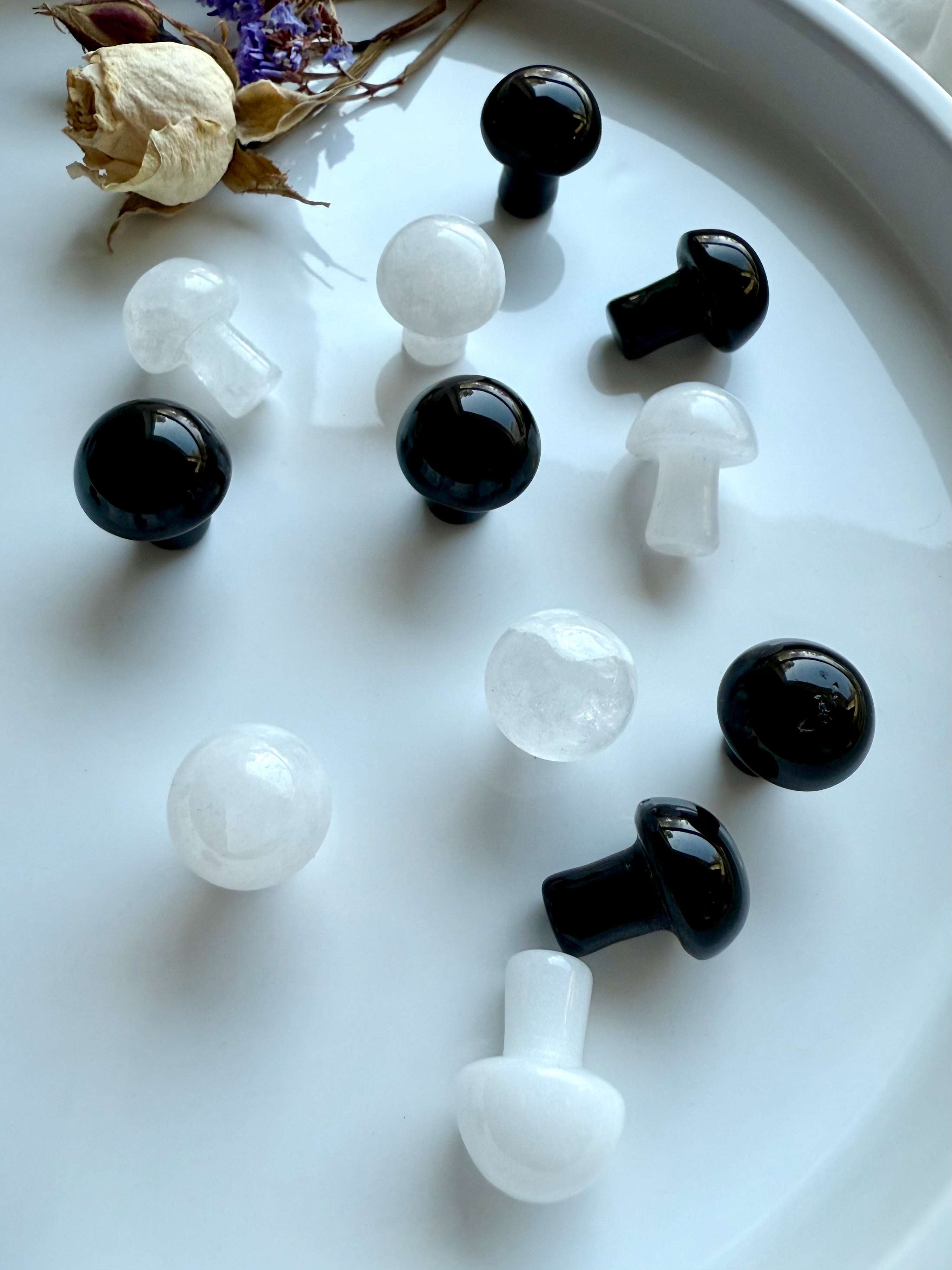 Array of Black Obsidian and White Quartz crystal mushrooms on white plate – mini mushroom carvings for crystal grids, altar décor, and metaphysical tools