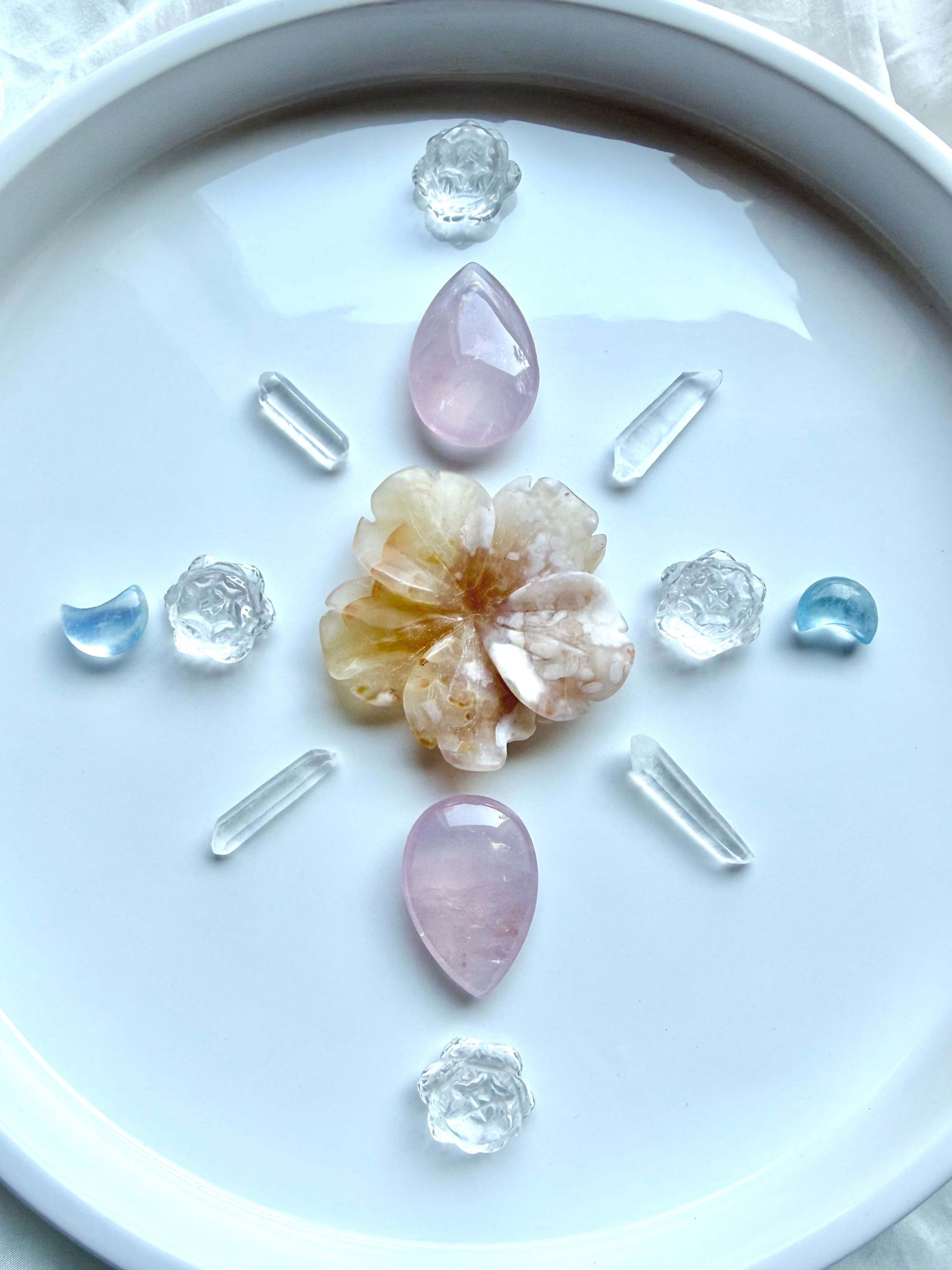 Crystal grid with mini Clear Quartz lotus flowers, Rose Quartz teardrops, Aquamarine moons, Flower Agate and Quartz points