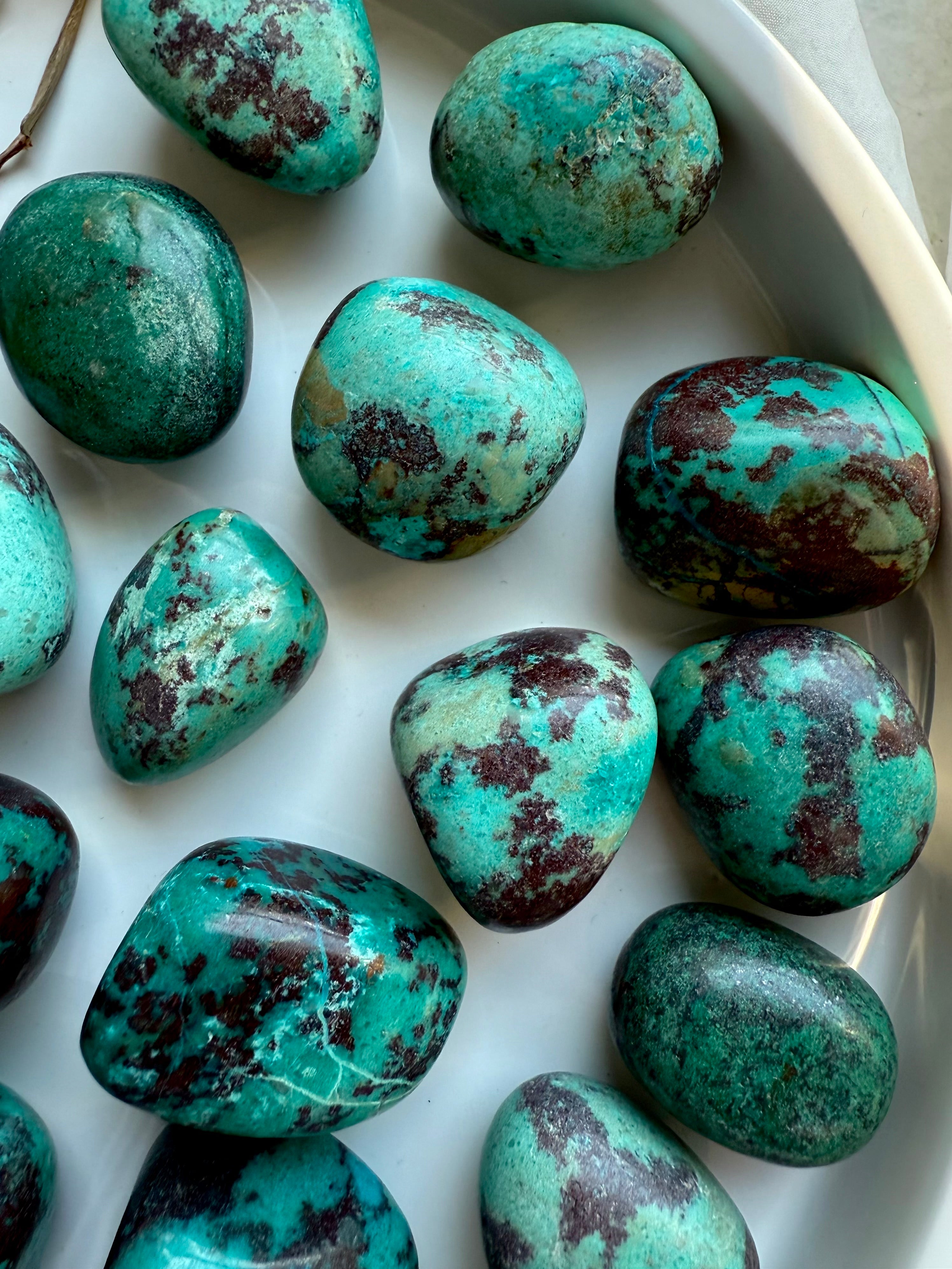 Assortment of Chrysocolla tumbled stones on white dish, showing variation of turquoise-green, teal blue, and earthy red copper inclusions.