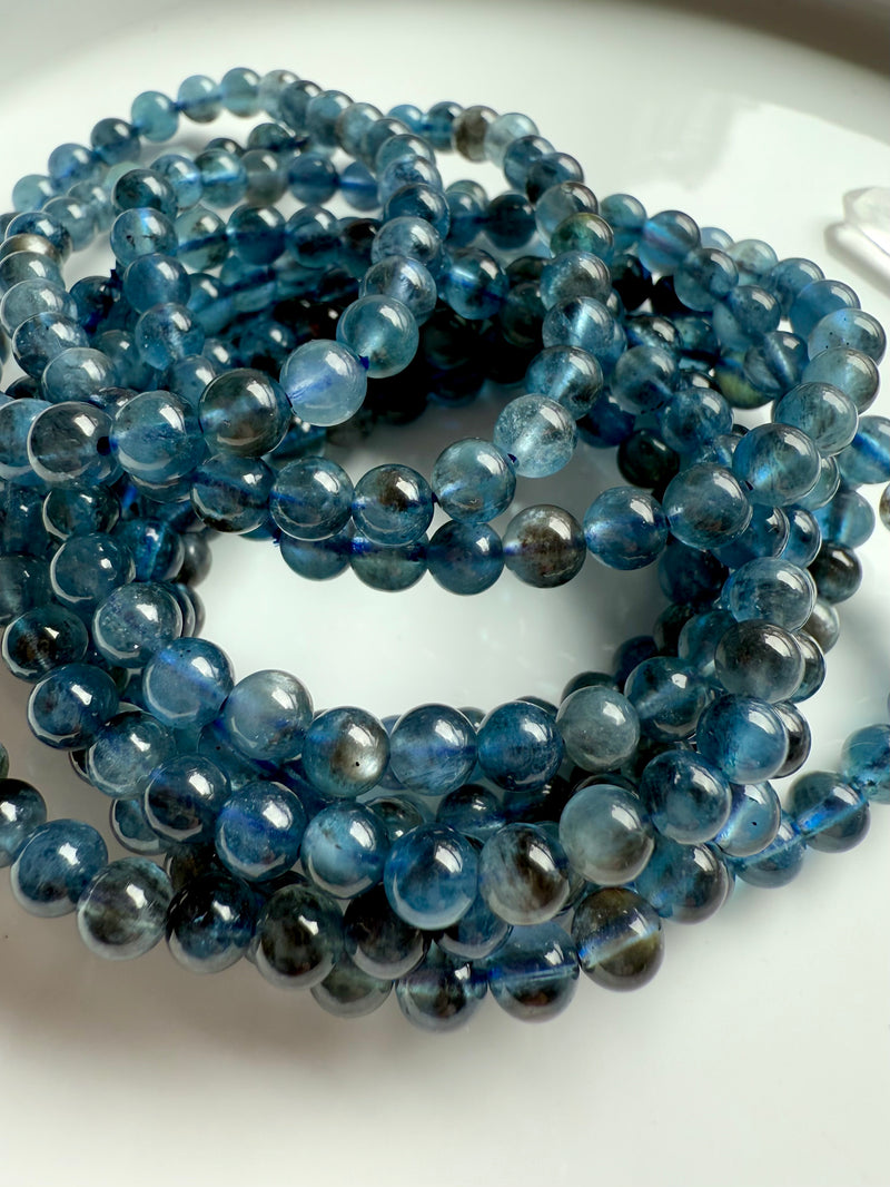 Rare deep blue Aquamarine Bracelets with Black Tourmaline + cat's eye shimmer to adorn your wrists. 