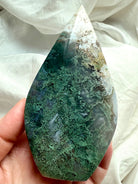 Moss Agate flame altar crystal inspired by nature, Earth energy, and growth