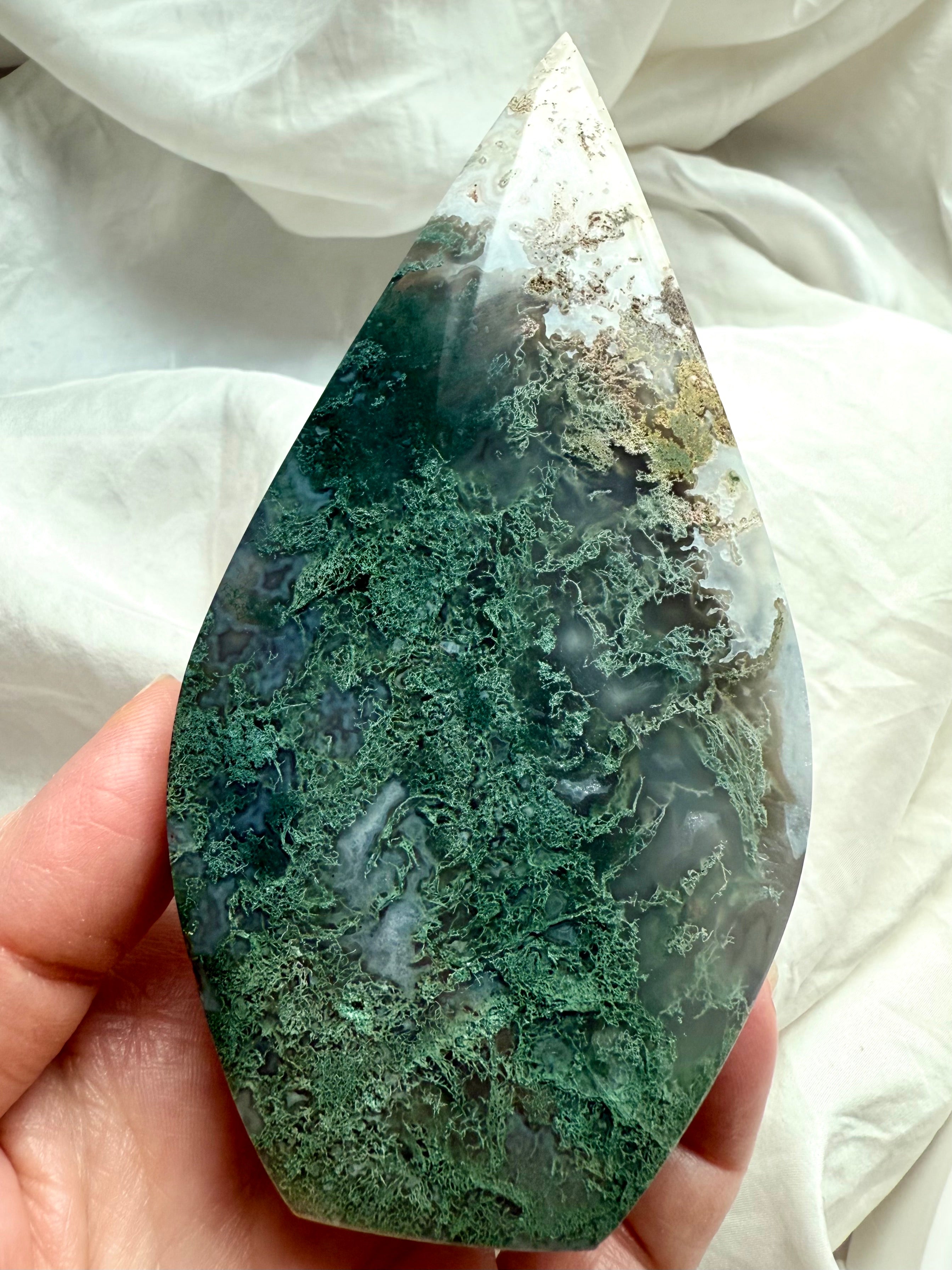 Moss Agate flame altar crystal inspired by nature, Earth energy, and growth