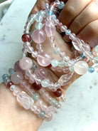 mixed gemstone bracelet with rose quartz aquamarine strawberry quartz and blue topaz beads, pastel crystal bracelet for heart chakra healing and layering