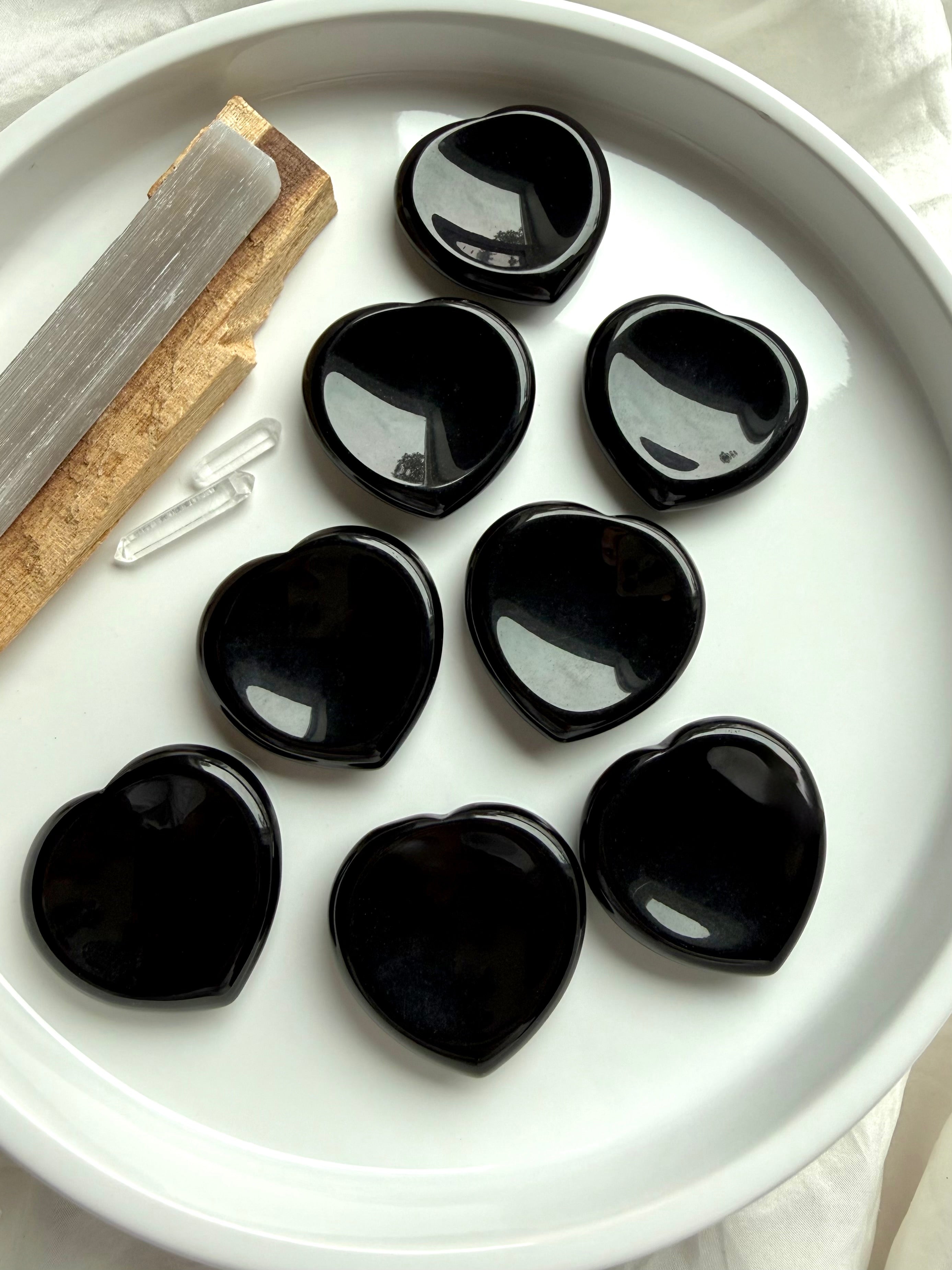 Black obsidian heart worry stones for grounding and protection
