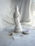 Front view of White Jade Standing Quan Yin statue symbolizing compassion, peace, and protection