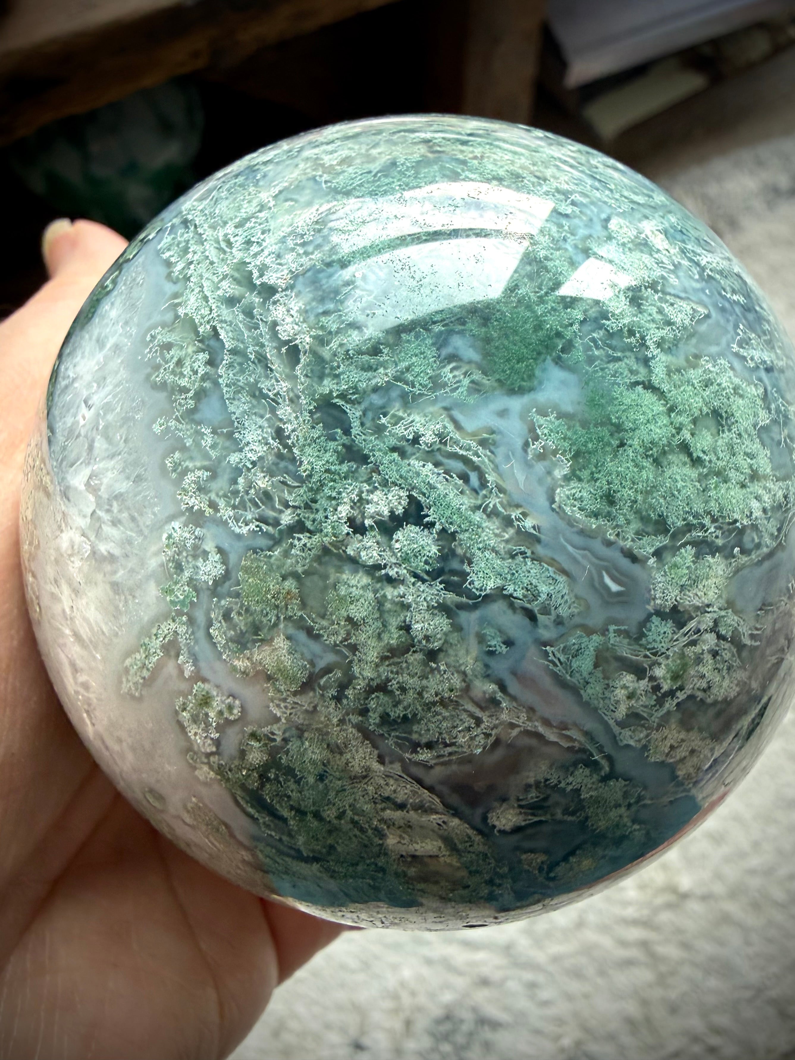 81mm Moss Agate crystal ball with natural Quartz formations and unique lace-like garden patterns