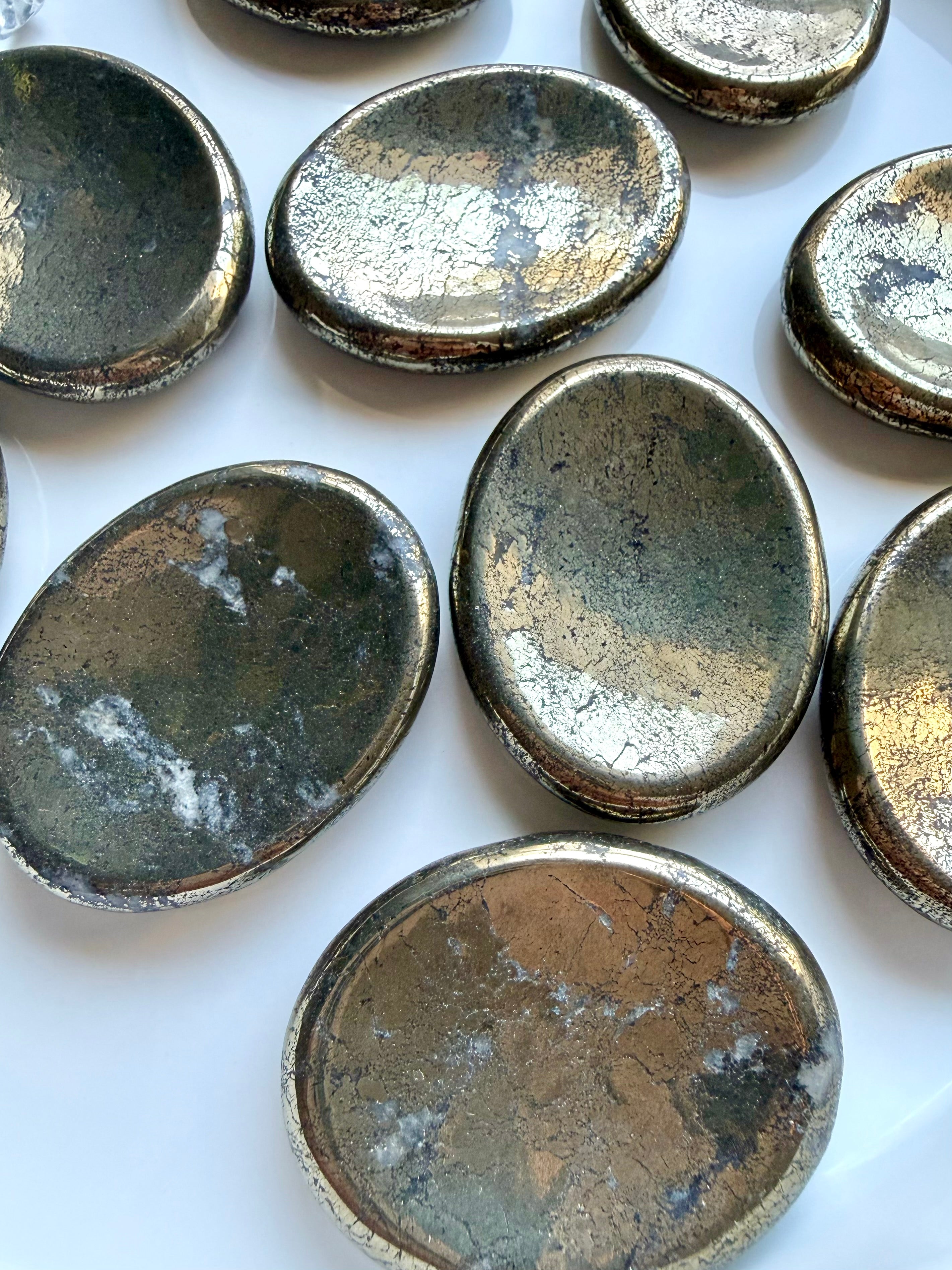 Polished Pyrite worry stones with gold, brass and bronze tones for confidence, prosperity and manifestation
