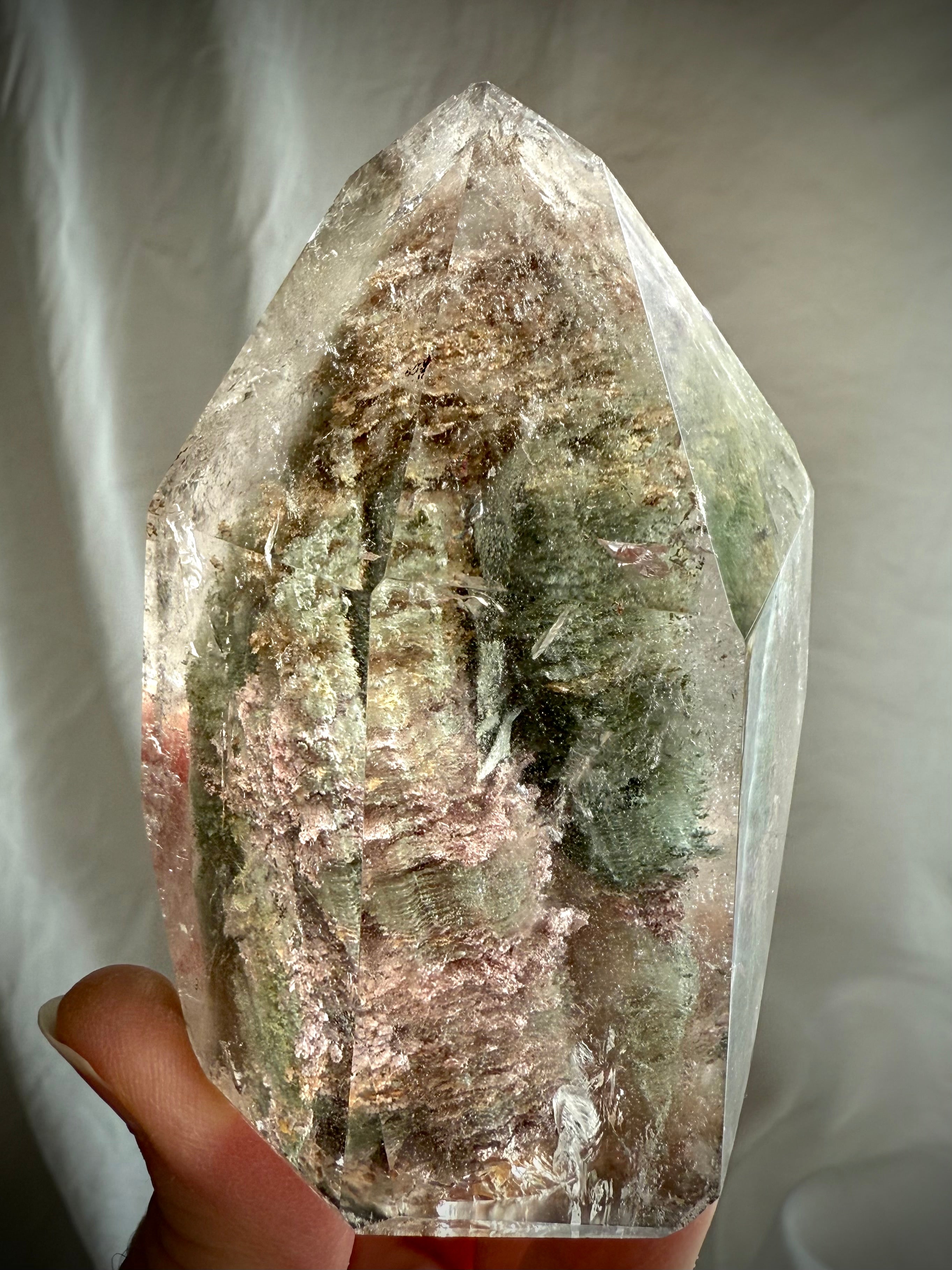 One of a kind Thousand Layer Garden Quartz phantom crystal with mossy green layers and natural internal landscapes