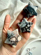 black flower agate moon and star carvings held in hand showing contrast of white blooms and dark agate base