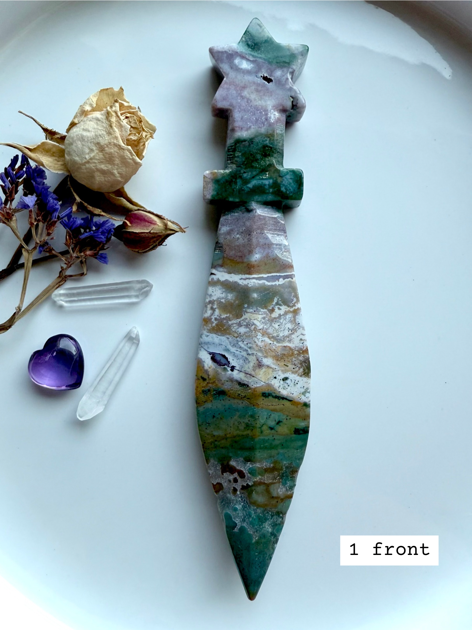 Ocean Jasper star knife # 1 front – crystal athame with star handle and polished stone blade, showing multicolor mineral patterns