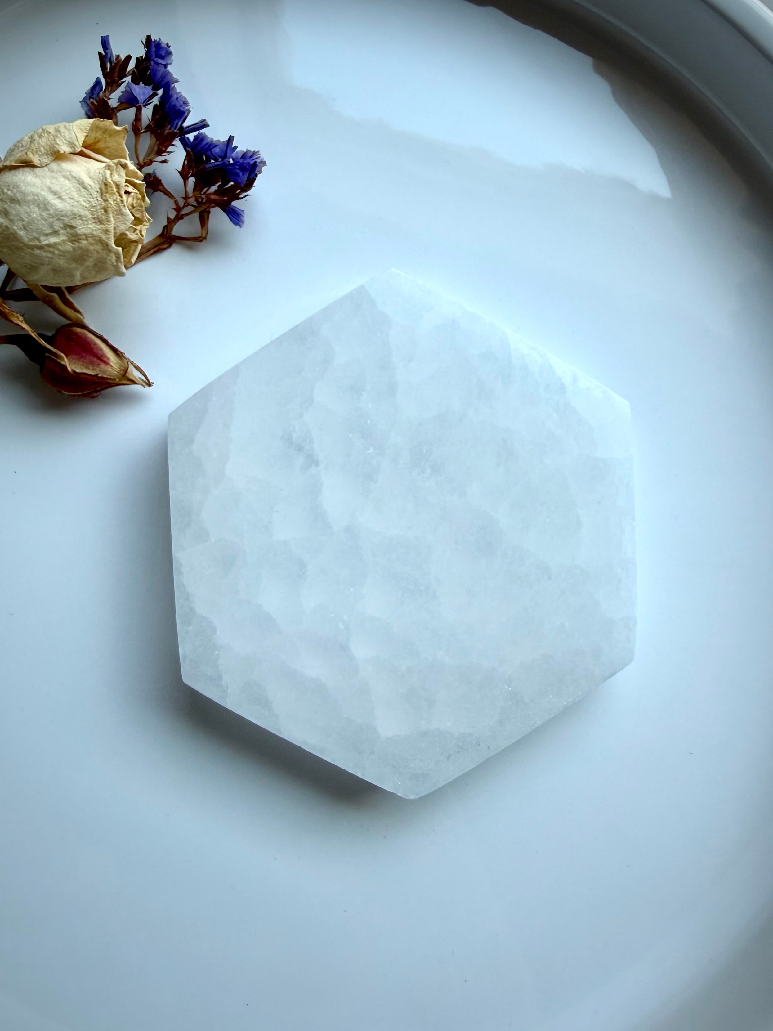 White Selenite hexagon charging plate with natural satin banding for crystal cleansing, energy clearing and sacred geometry rituals