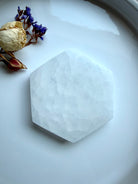 White Selenite hexagon charging plate with natural satin banding for crystal cleansing, energy clearing and sacred geometry rituals