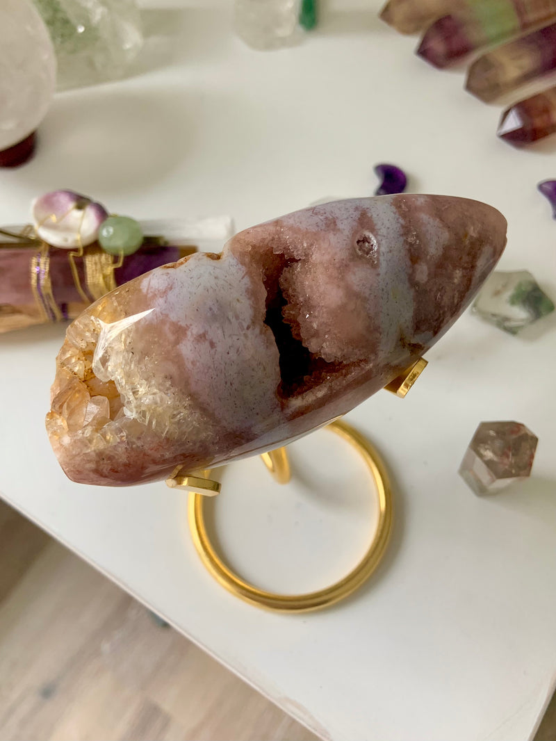 Pink Amethyst Flower Agate Geode with Stand