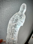 Natural Clear Quartz Quan Yin carving with ethereal light and intricate detail from every angle