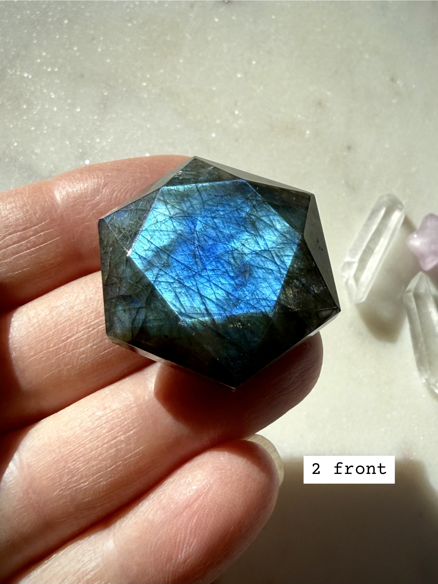 Labradorite hexagon with blue flash – sacred geometry crystal for Third Eye Chakra, back view
