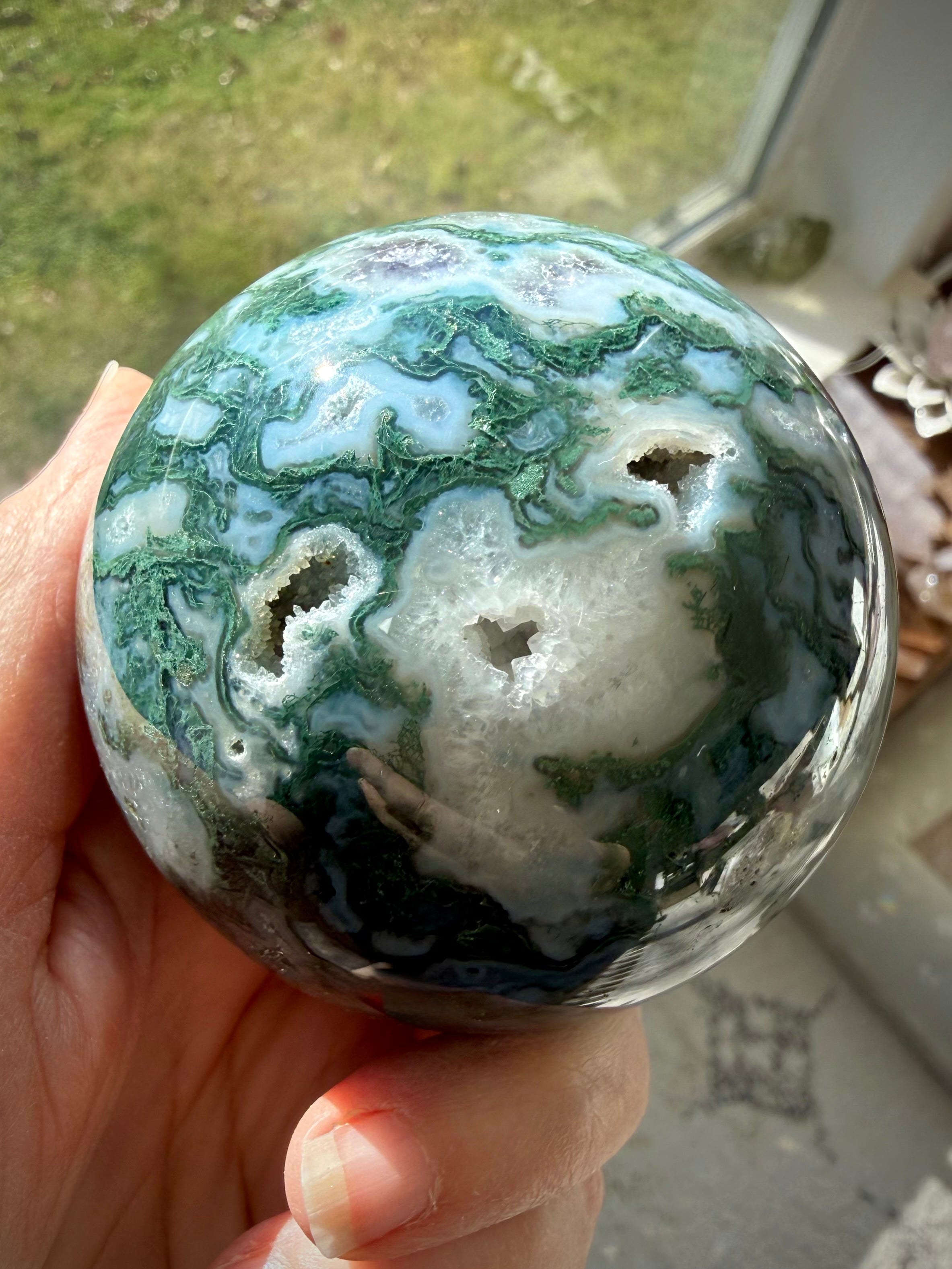 One of a kind Moss Agate sphere with natural Amethyst druzy and scenic mineral patterns