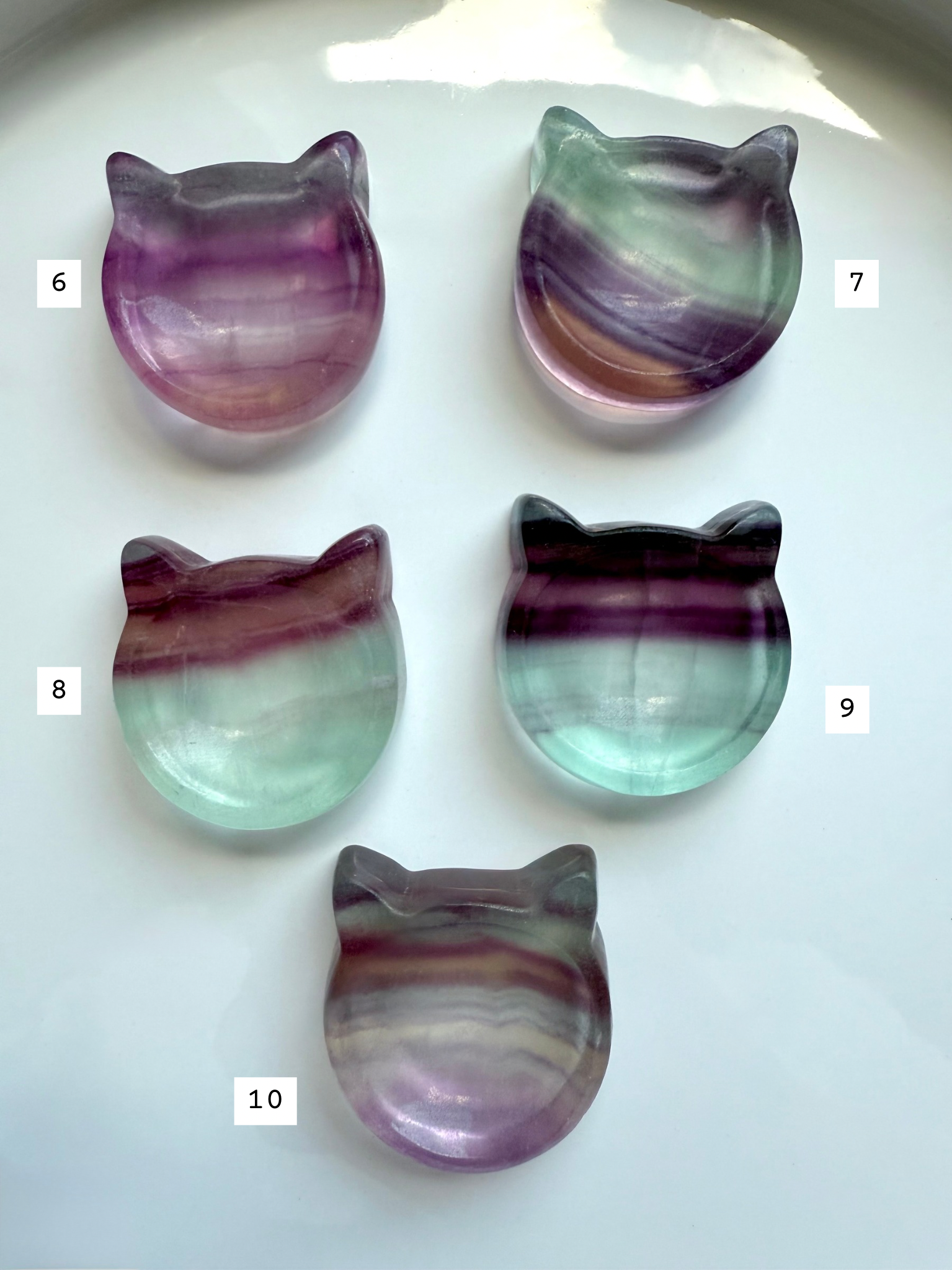 Fluorite cat-shaped crystal bowls in rainbow banding – mini jewelry dishes