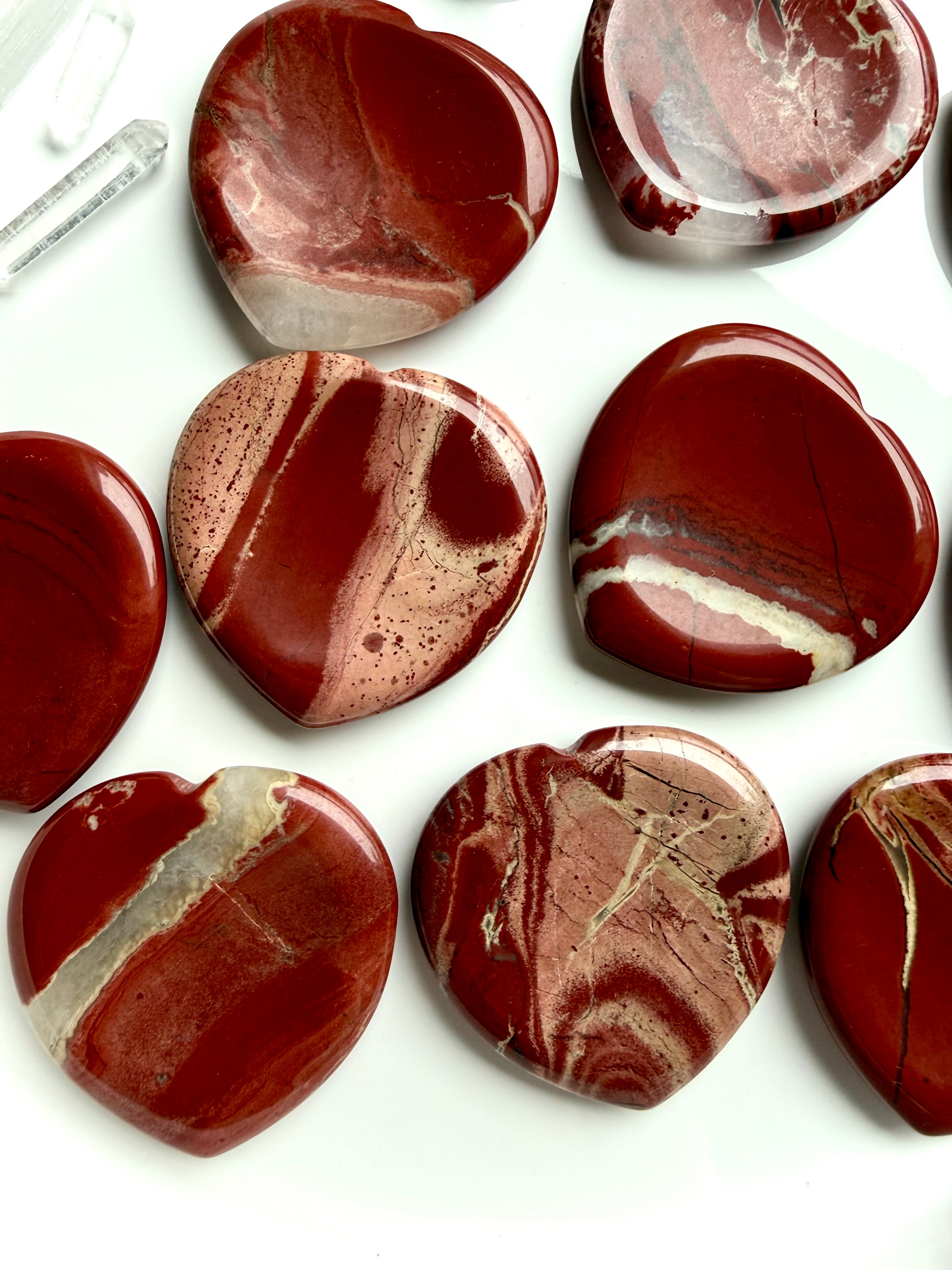 polished red jasper crystal hearts – heart shaped grounding stones for strength, stability and protection