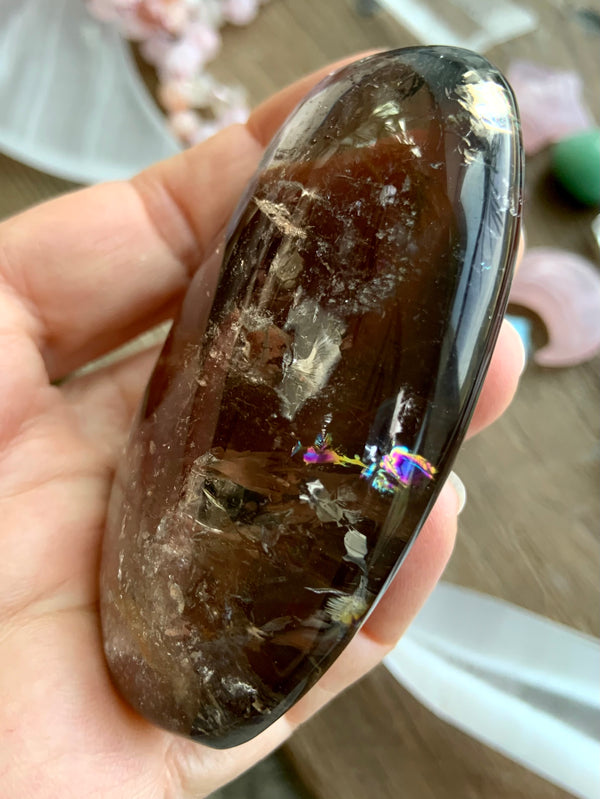 Large Smokey Quartz Palmstone with Rainbows