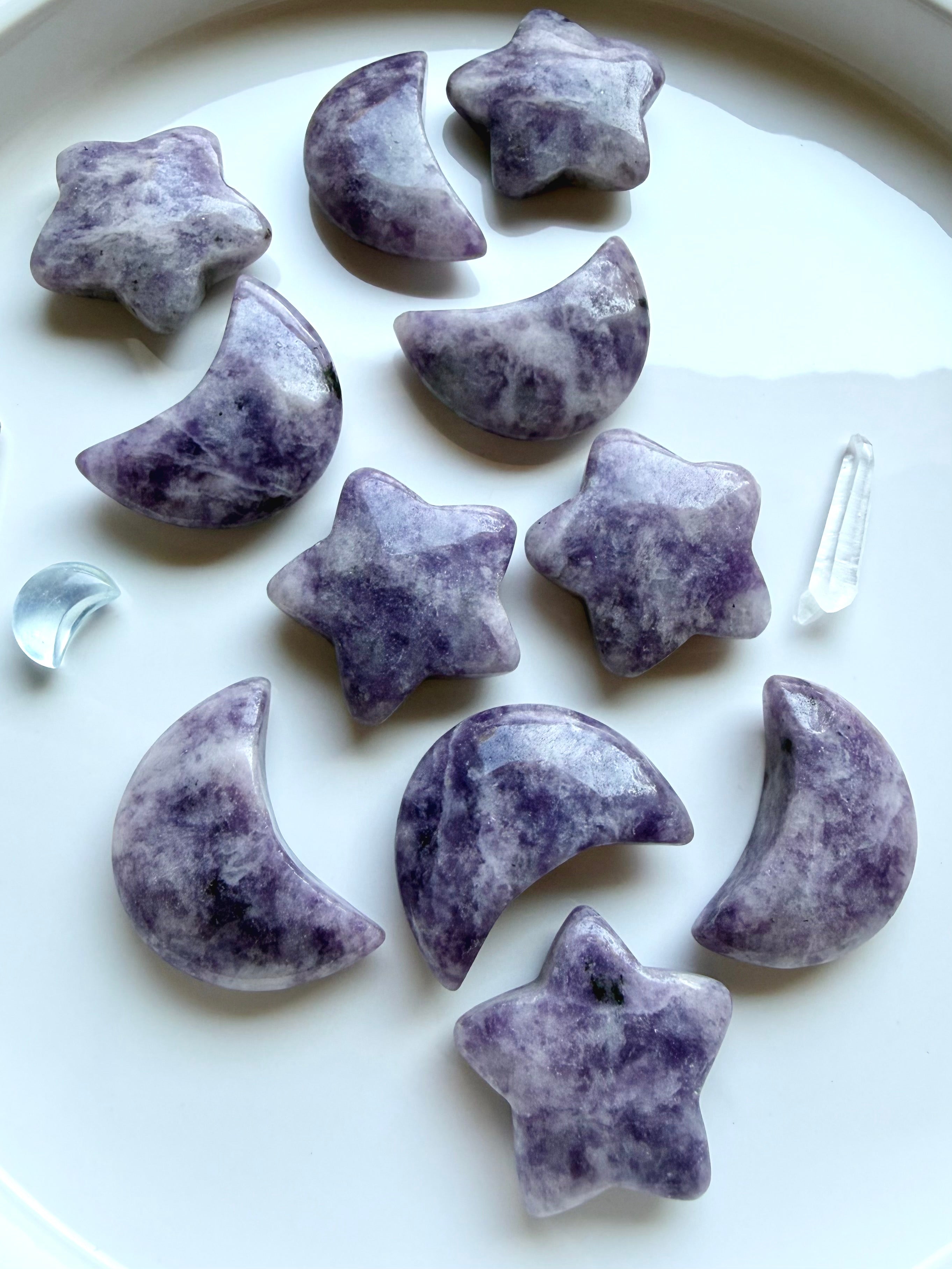 Purple Lepidolite moon crystals showing varied lilac and lavender tones for moon rituals, meditation and peaceful reflection