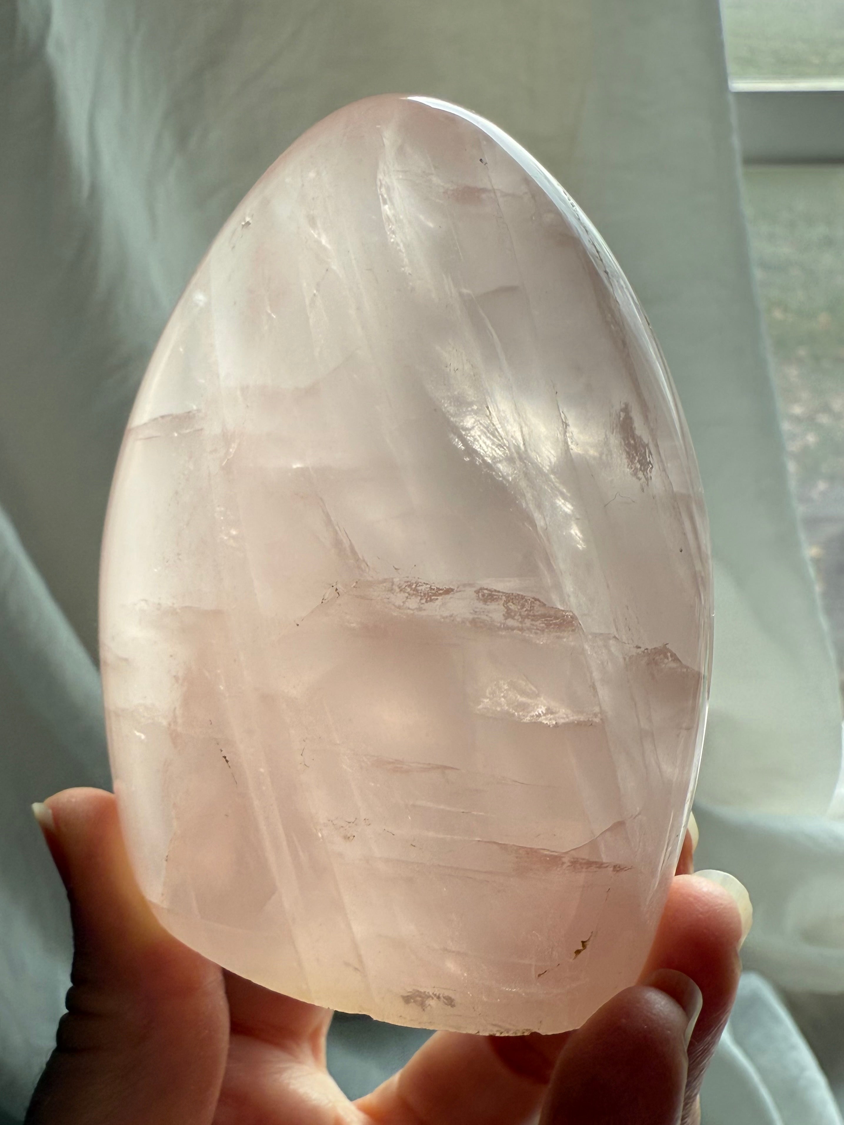 Large polished Rose Quartz freeform with soft natural asterism and calming feminine energy