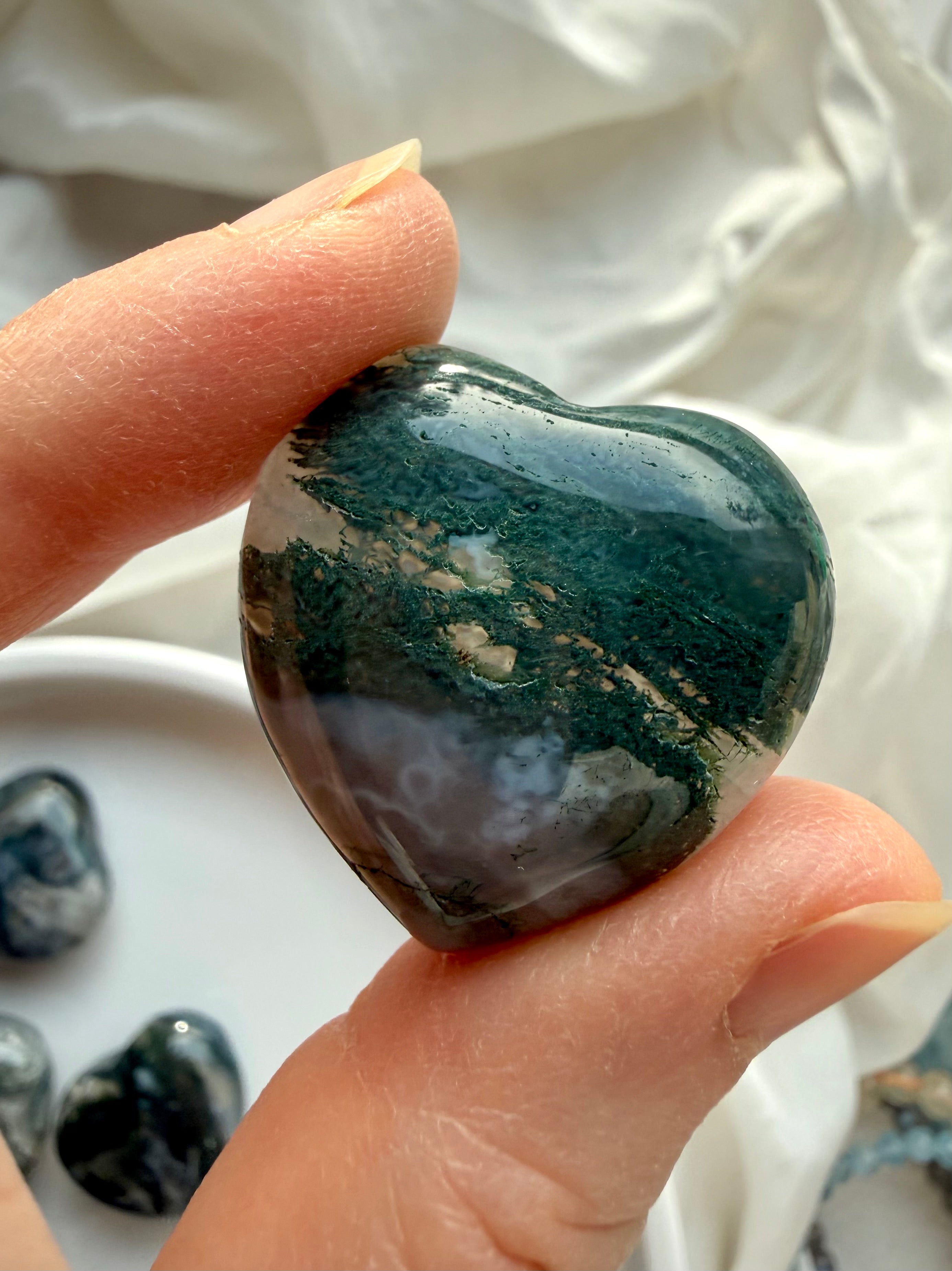 Moss Agate heart with milky chalcedony, mossy green veils, and natural crystal patterning