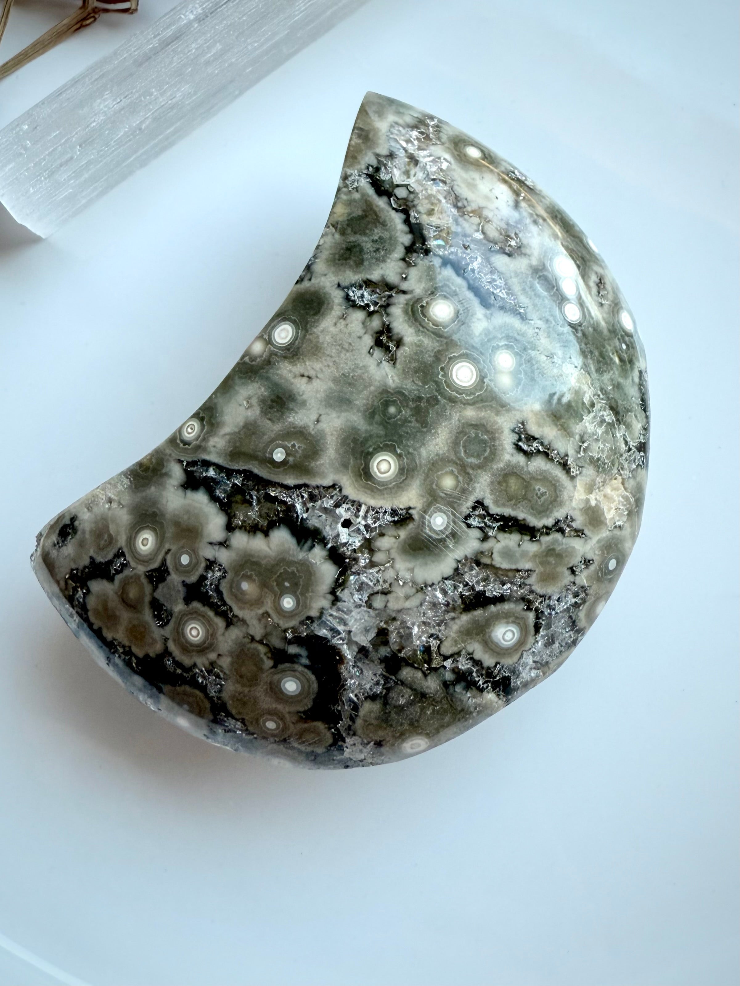 Madagascar Ocean Jasper crescent moon carving with bold orbicular starburst formations and a druzy opening