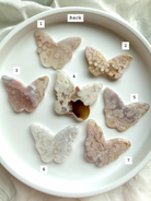 Choose your own Flower Agate butterfly crystal carving – numbered selection of pink blossom agate butterflies, back view