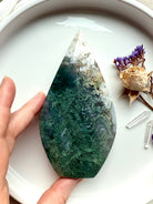 Moss Agate crystal flame with mossy green chlorite inclusions for grounding and balance