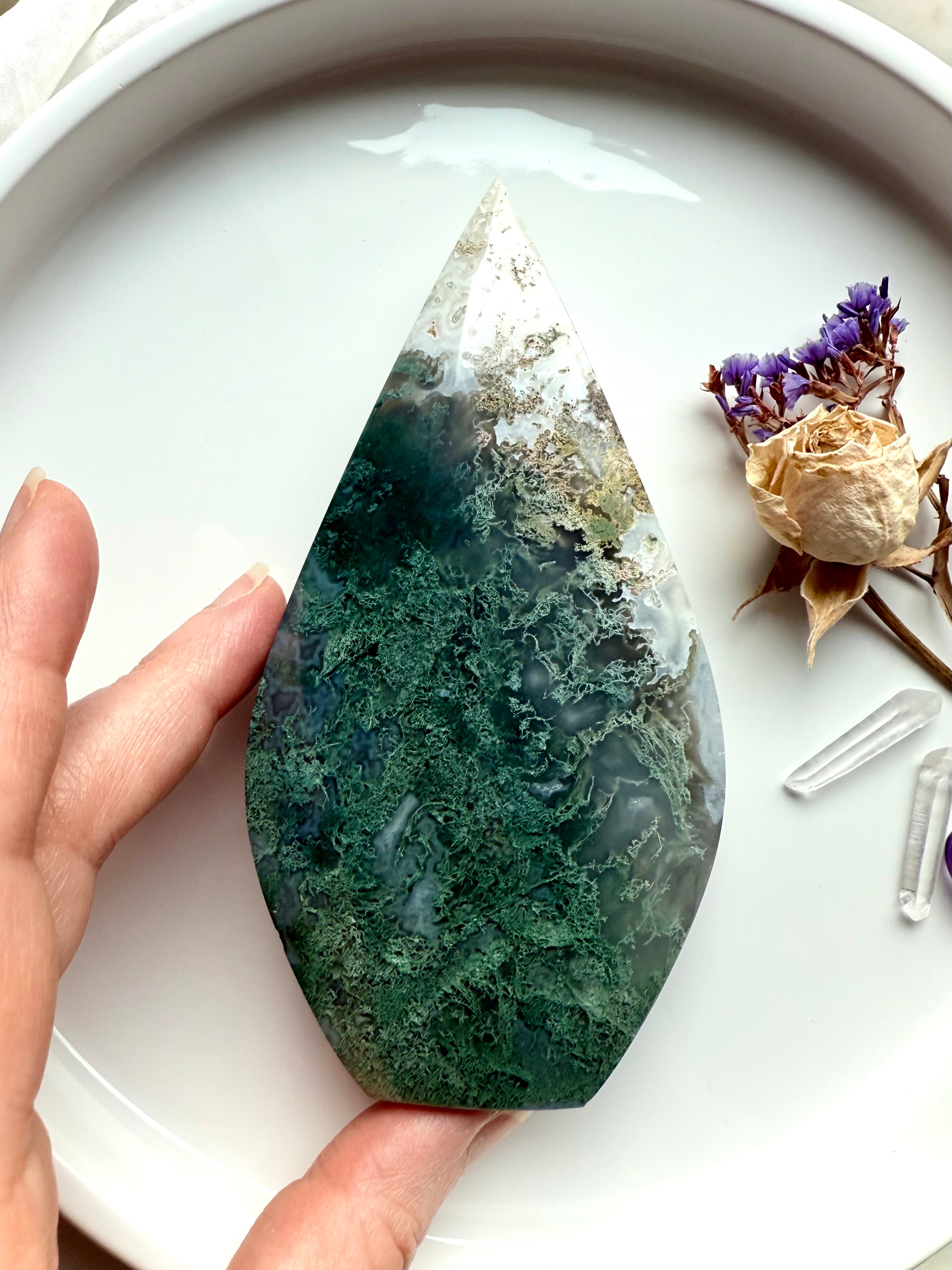 Moss Agate crystal flame with mossy green chlorite inclusions for grounding and balance