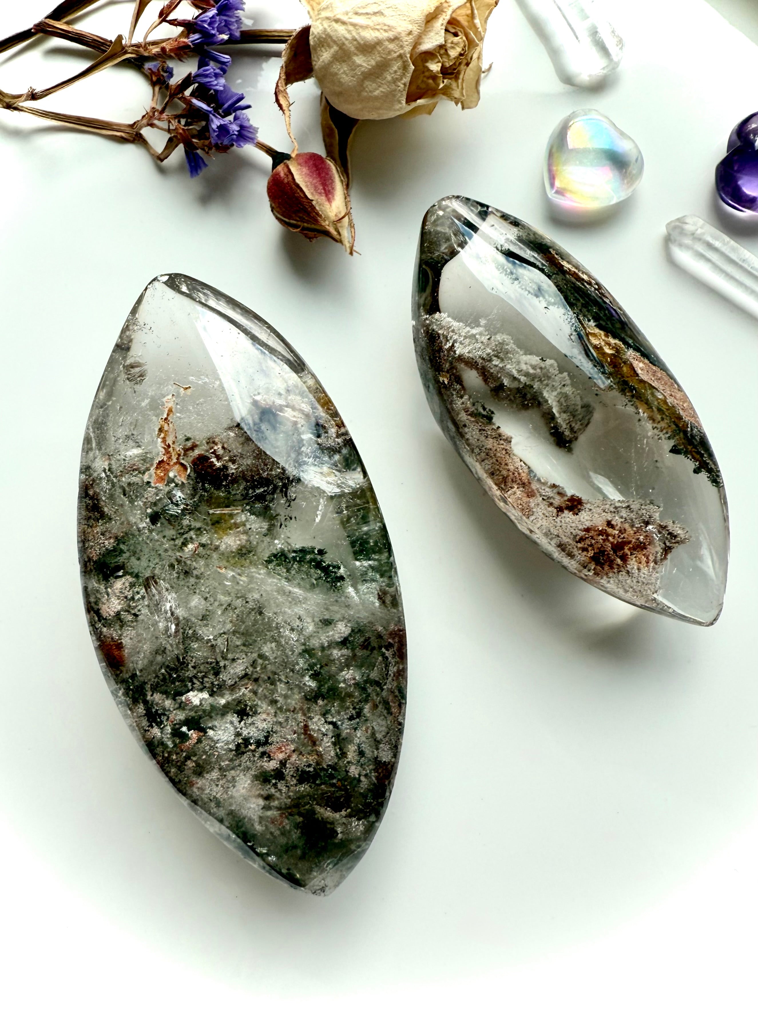 Two Garden Quartz marquise-shaped lenses with scenic phantom inclusions and natural earth-tone patterns