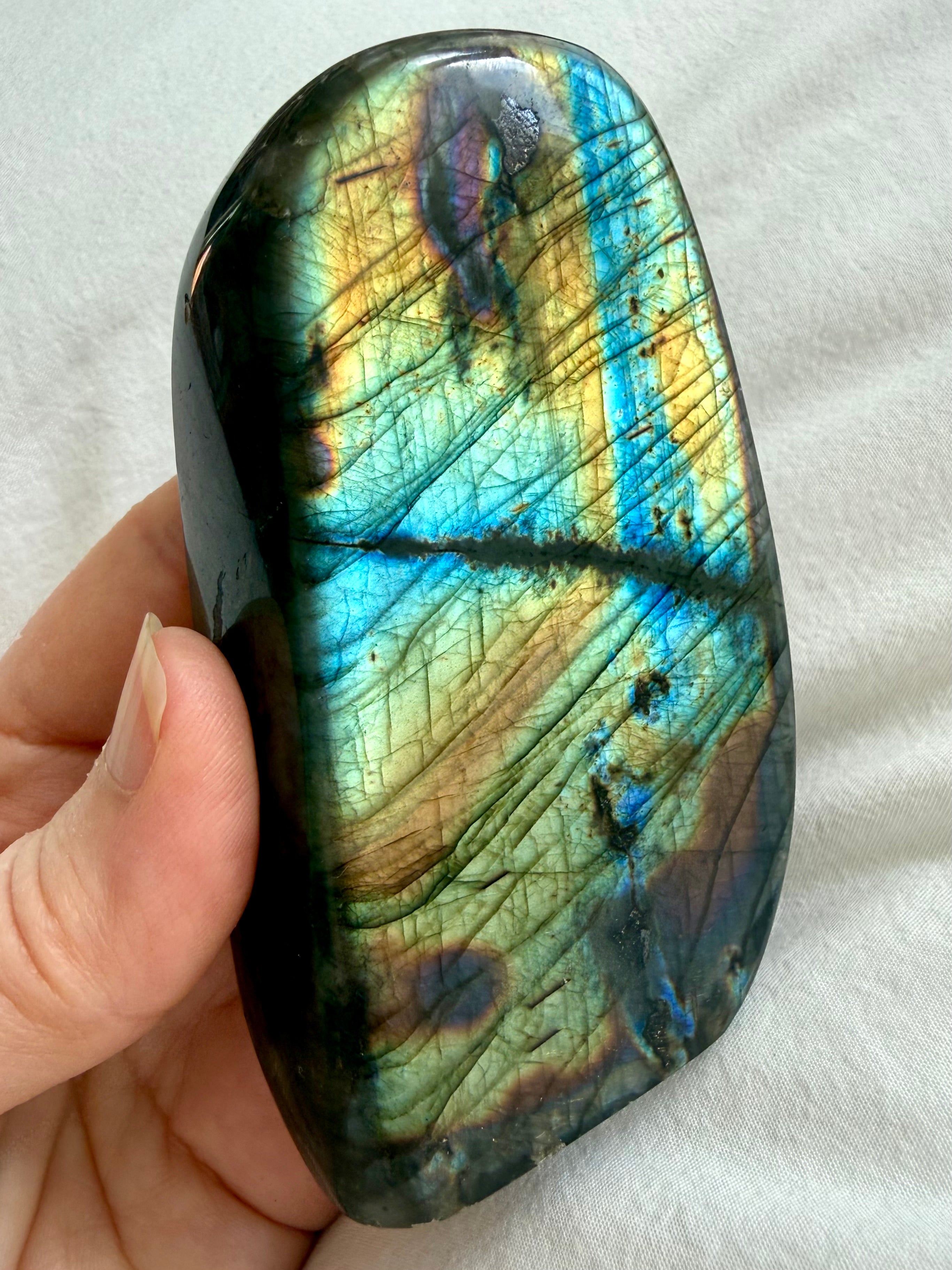 Rainbow Flash Labradorite freeform showing shifting blue, green, aqua, and golden labradorescence in natural light
