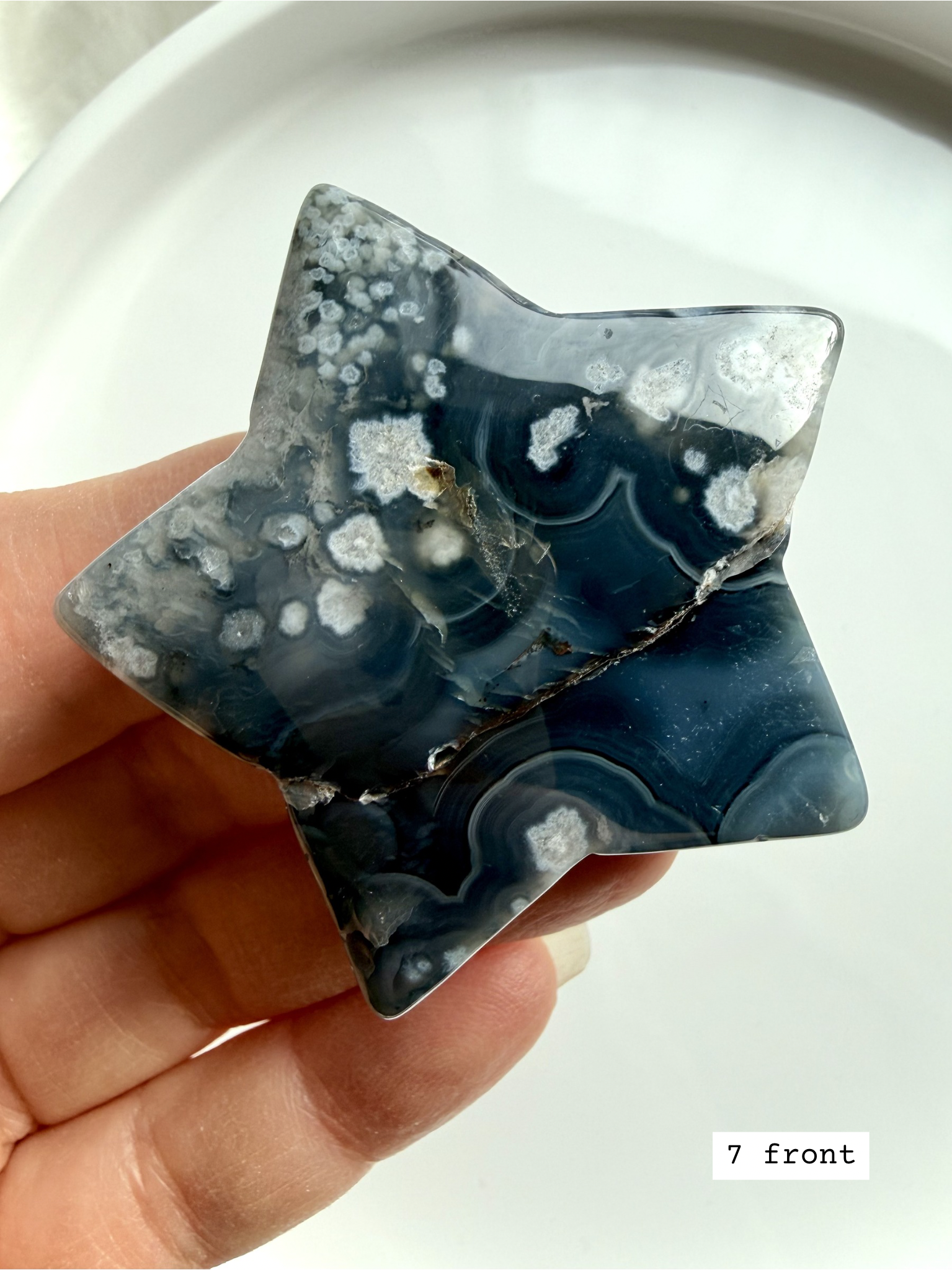 black flower agate star carving #7 front showing soft cloudy blooms and grounding dark matrix