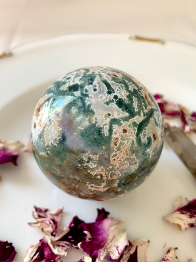 Moss Agate Sphere with Druzy